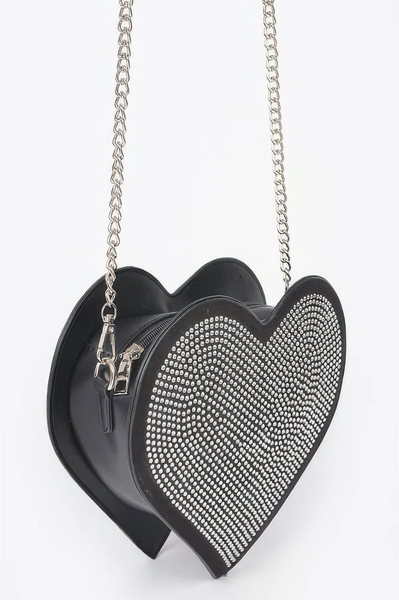 Black heart-shaped bag with silver-tone chain and zipper, rhinestone studded front.