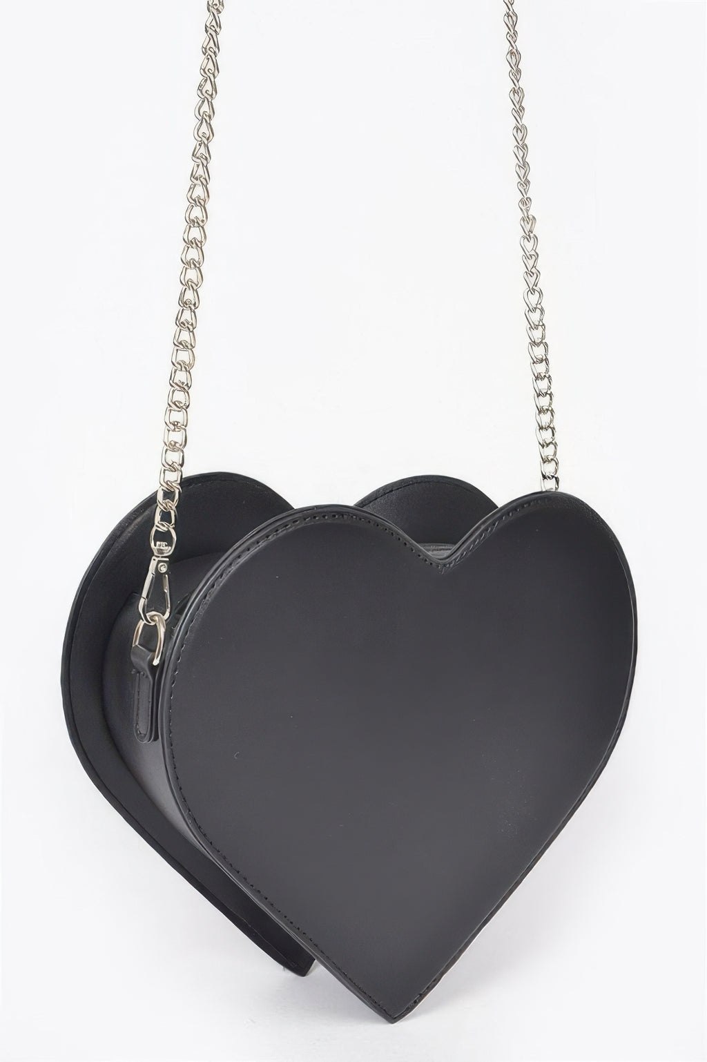 Black heart-shaped hot-fix bag with smooth front and silver chain strap.
