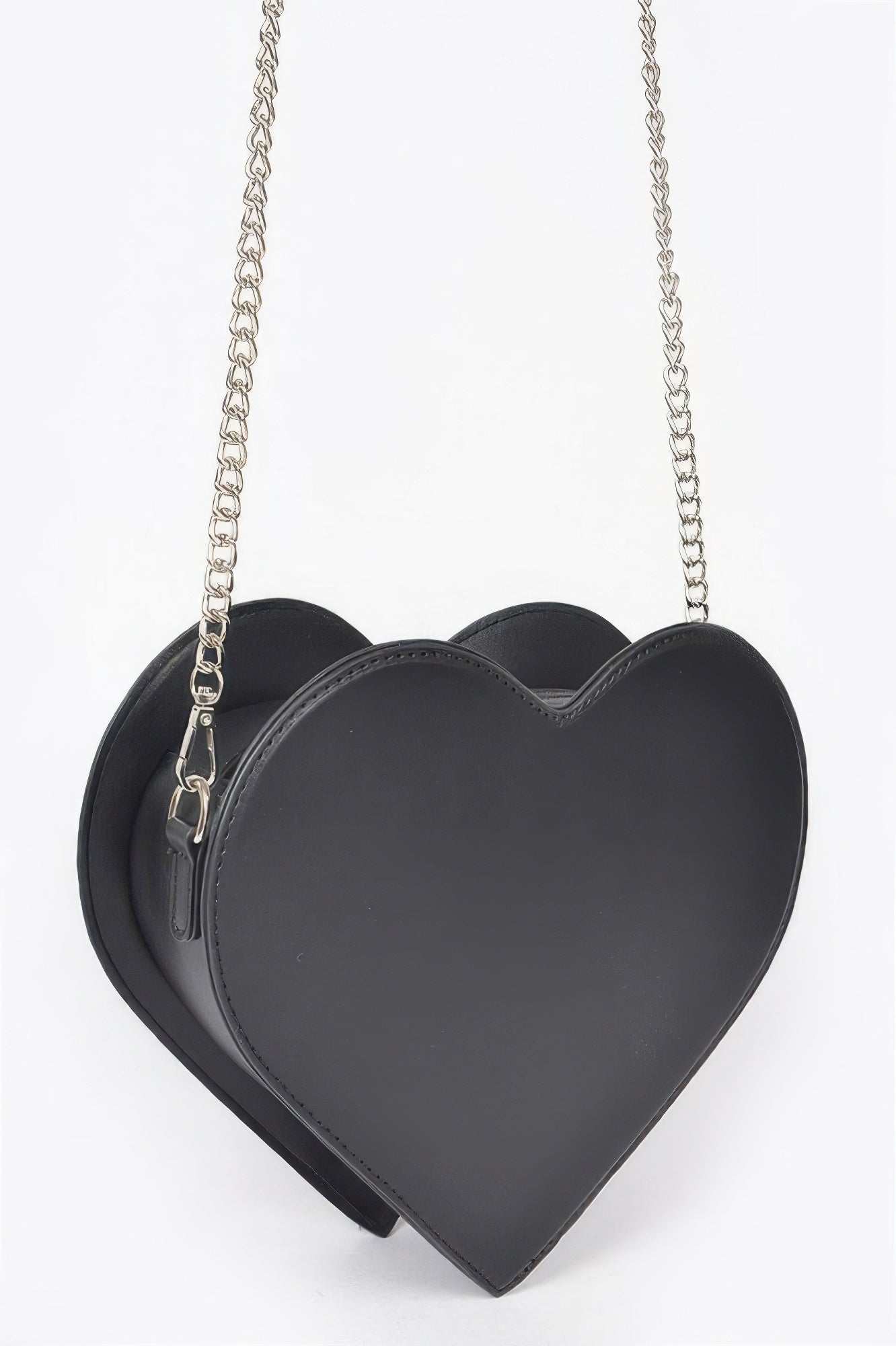 Black heart-shaped hot-fix bag with smooth front and silver chain strap.