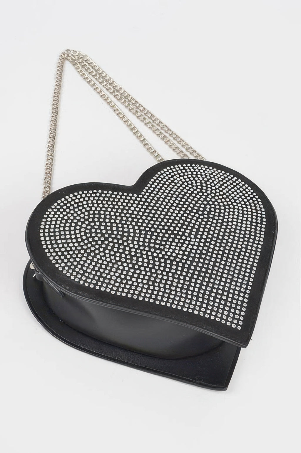 Black heart-shaped bag with silver rhinestone hot-fix front panel and chain strap.