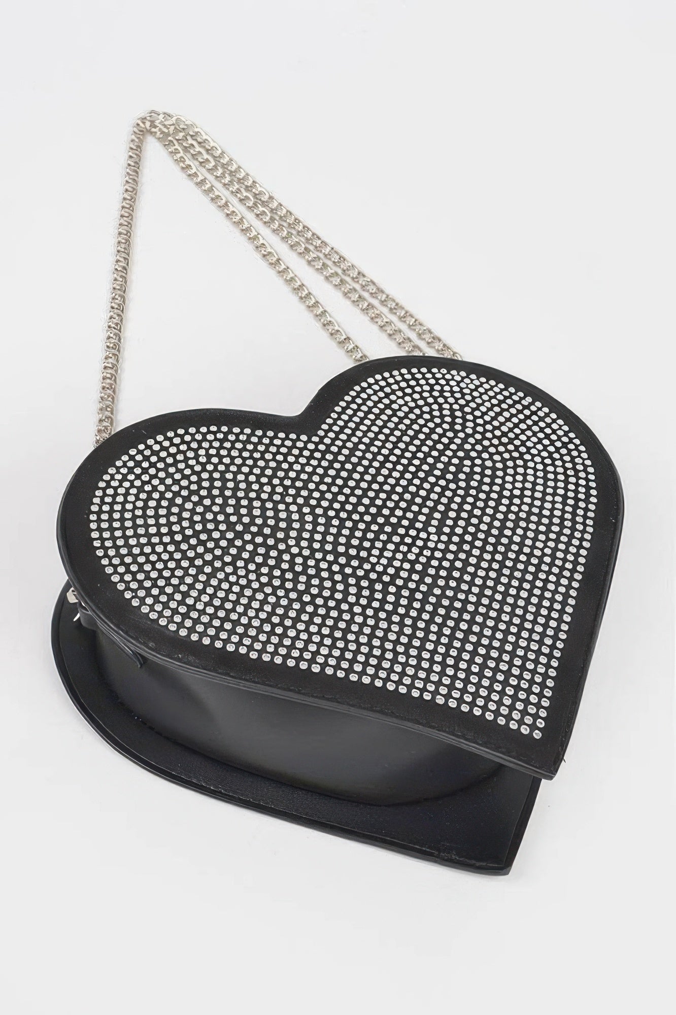 Black heart-shaped bag with silver rhinestone hot-fix front panel and chain strap.