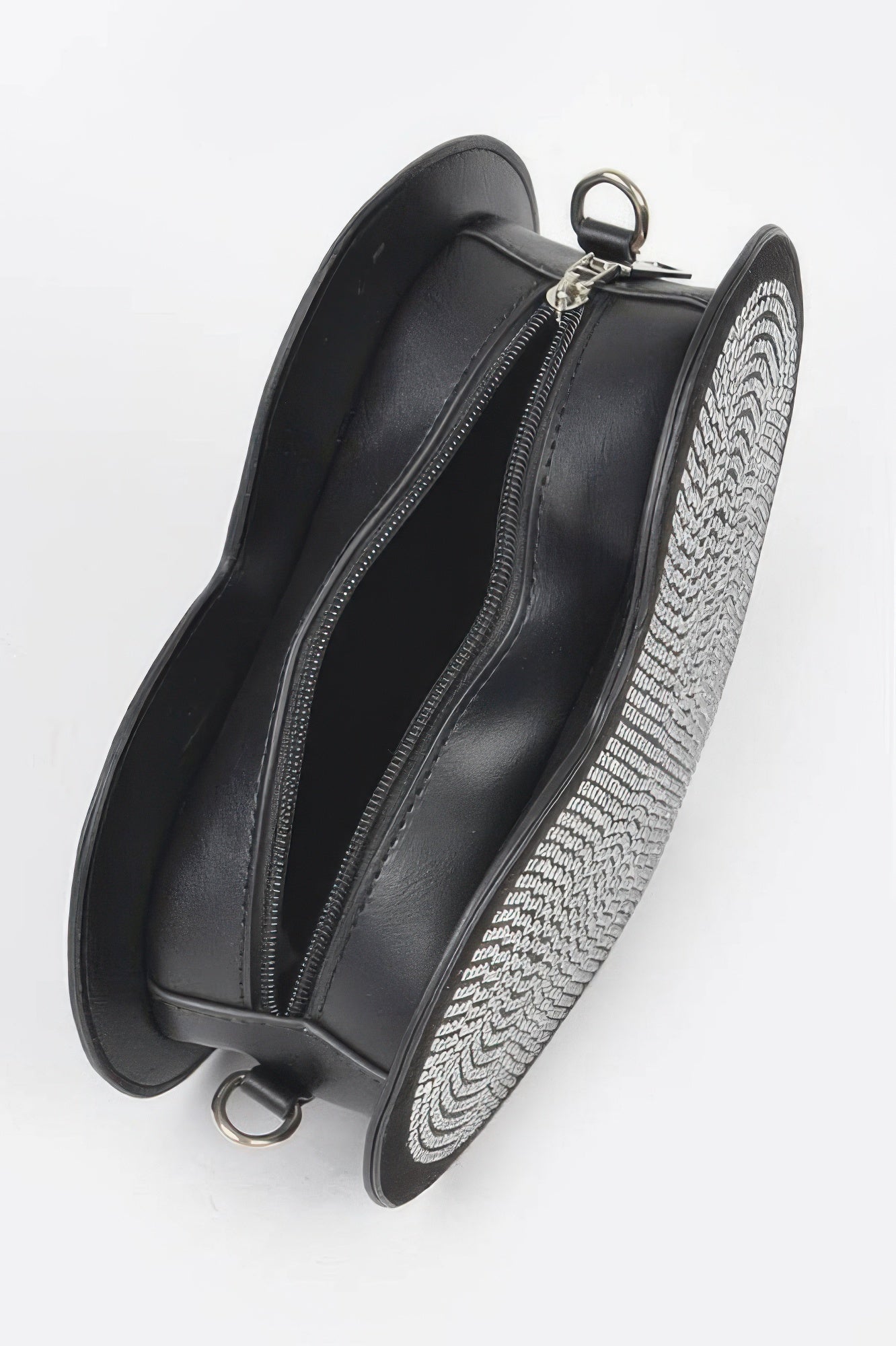 Black heart-shaped bag side view with zipper and silver chain, rhinestone trim.