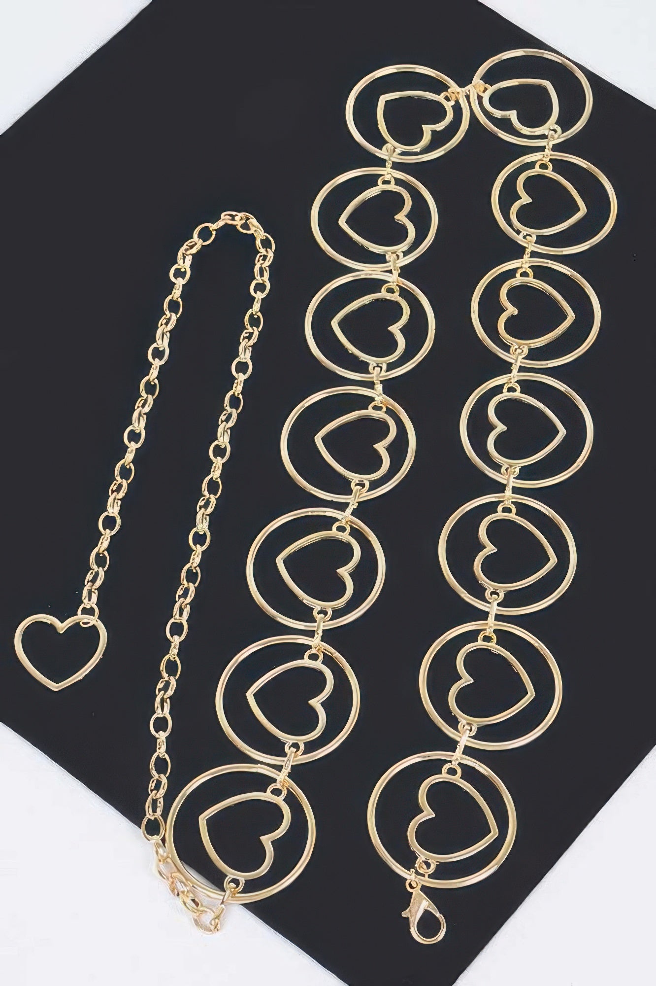 Gold heart charm chain belt set: round O-ring links with layered heart drops