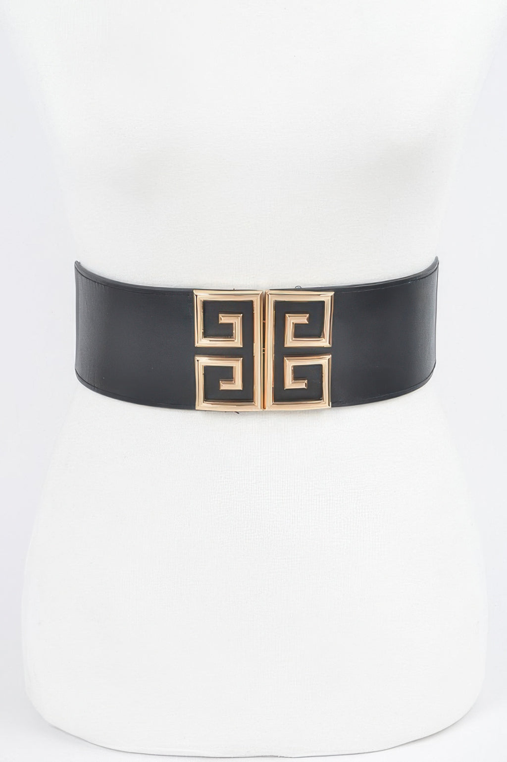 Black elastic belt with square metal buckle, gold-tone Greek key design