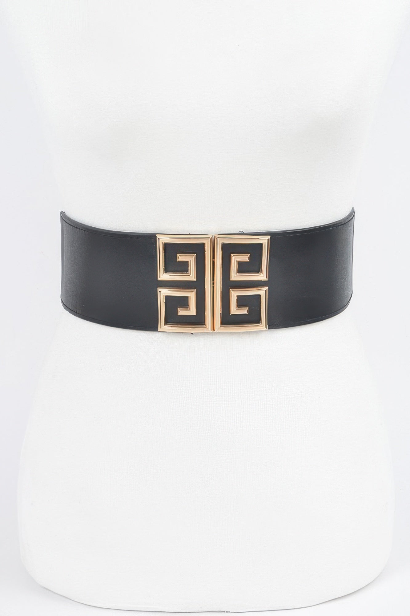 Black elastic belt with square metal buckle, gold-tone Greek key design
