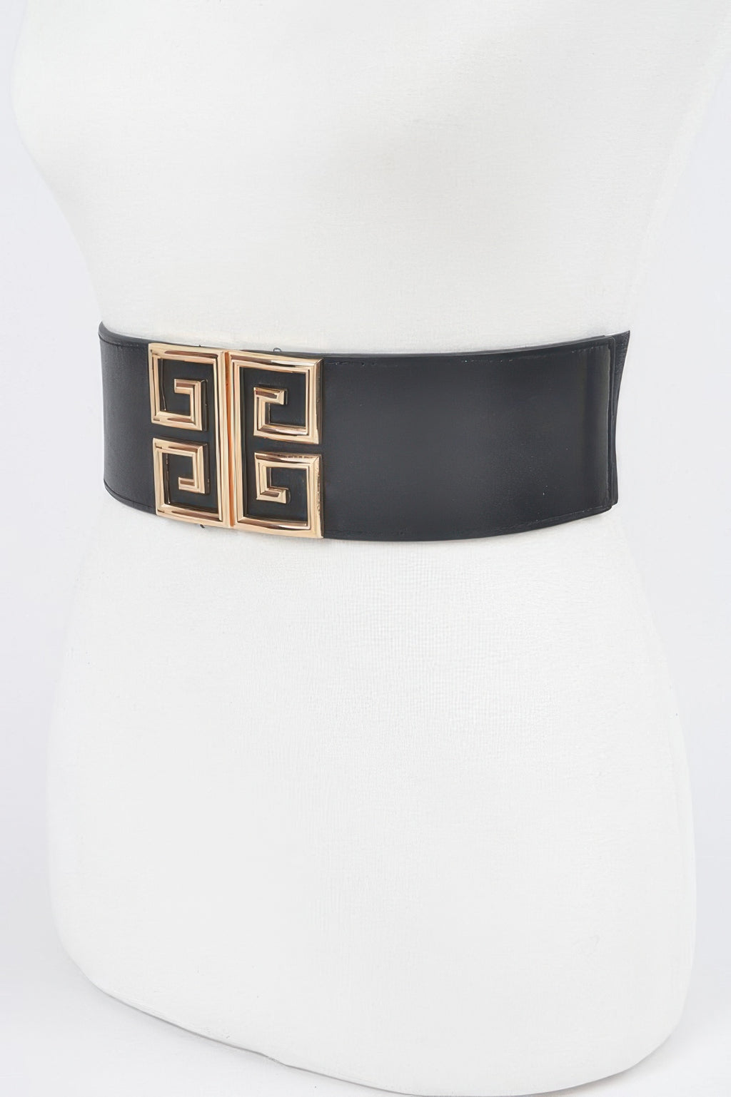 Black elastic belt with gold-tone double square buckle, Greek key pattern
