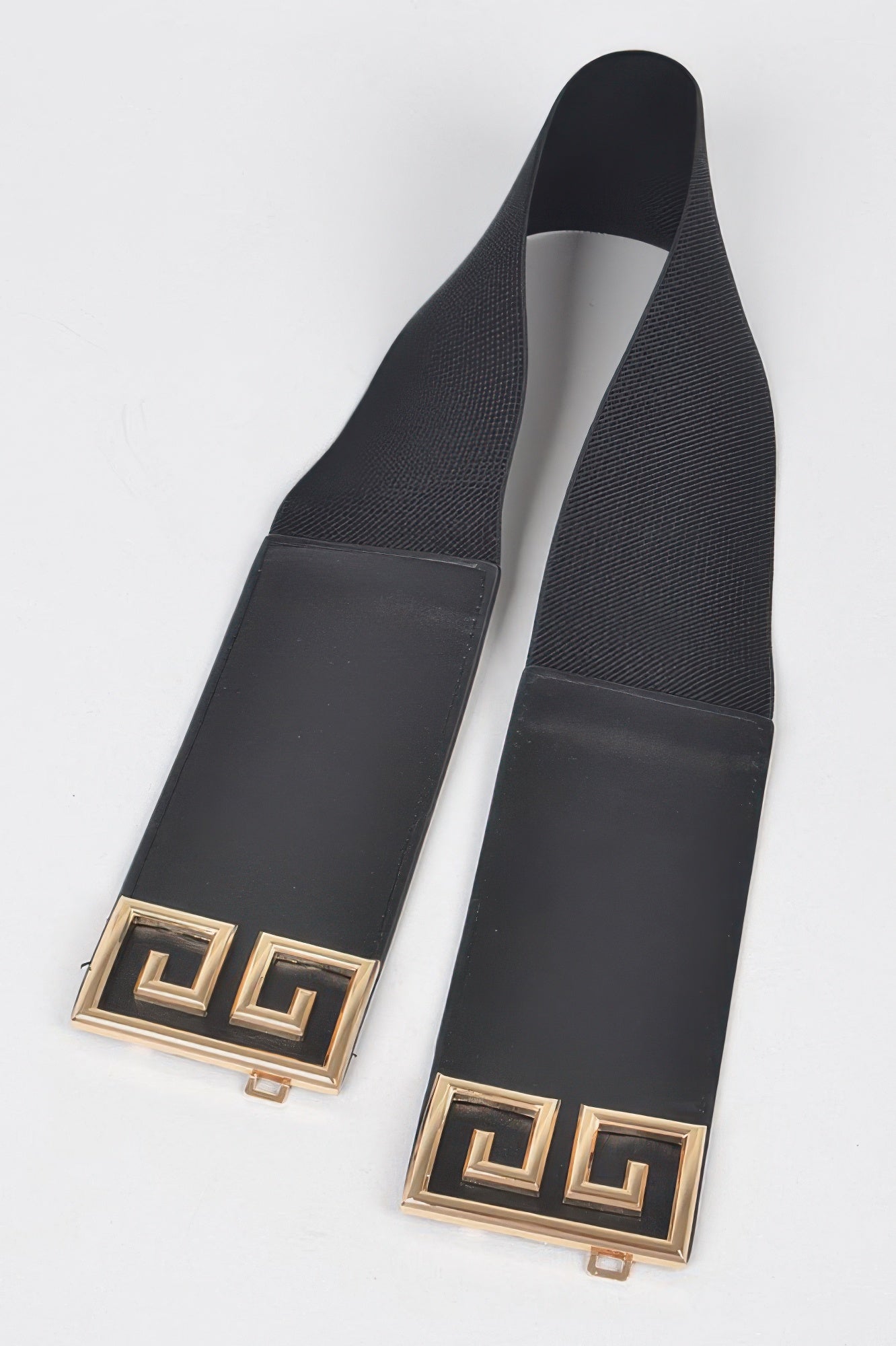 Black elastic belt with gold-tone square buckle plates and straps
