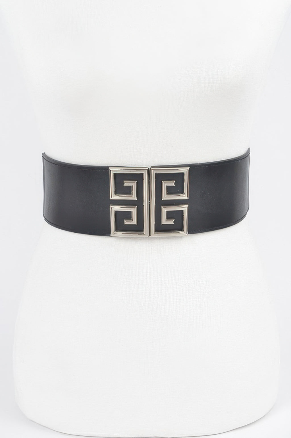 Black elastic belt on mannequin, gold-tone double square buckle center