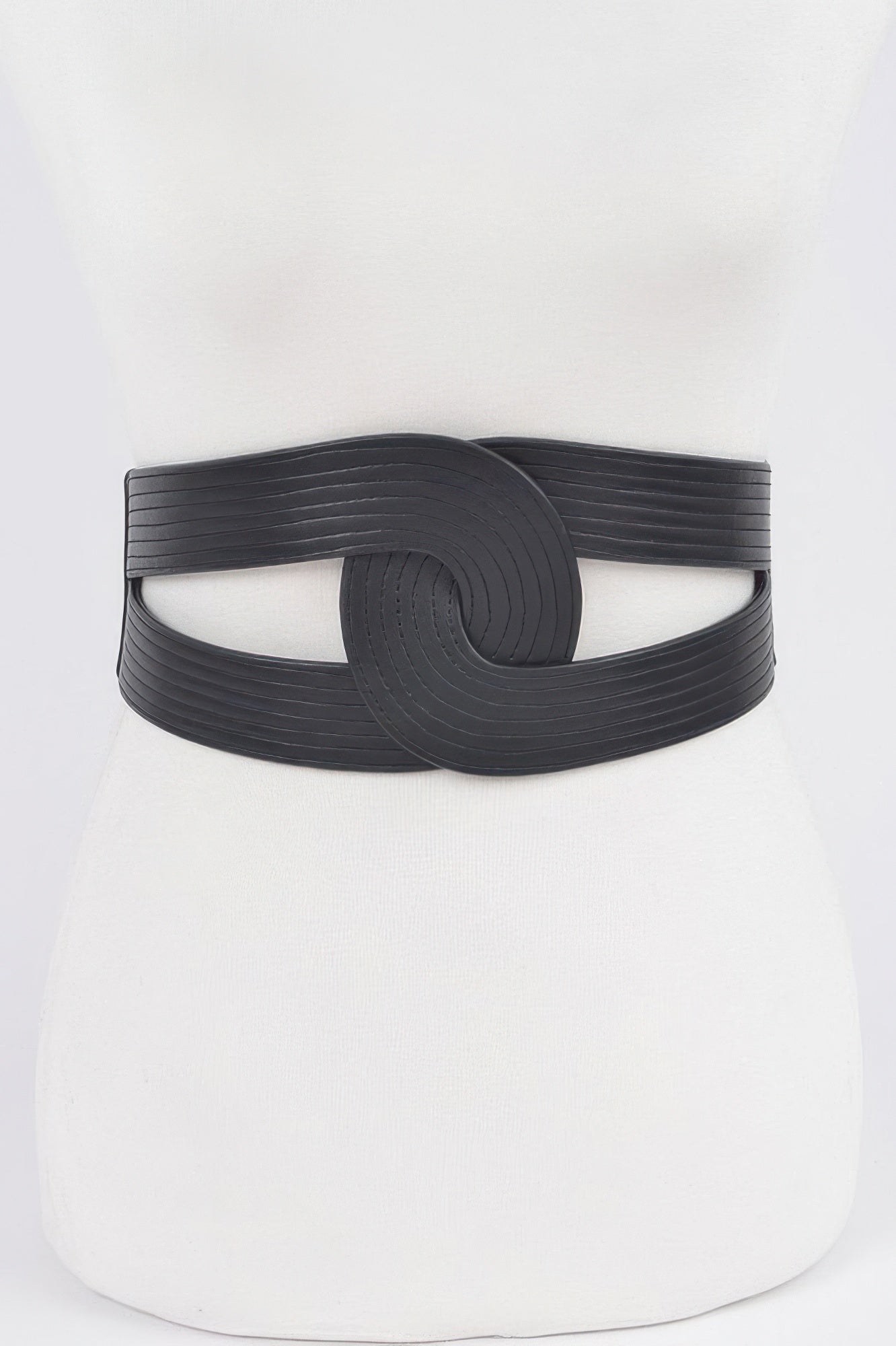 Black faux leather elastic belt with circular center buckle and textured elastic band.