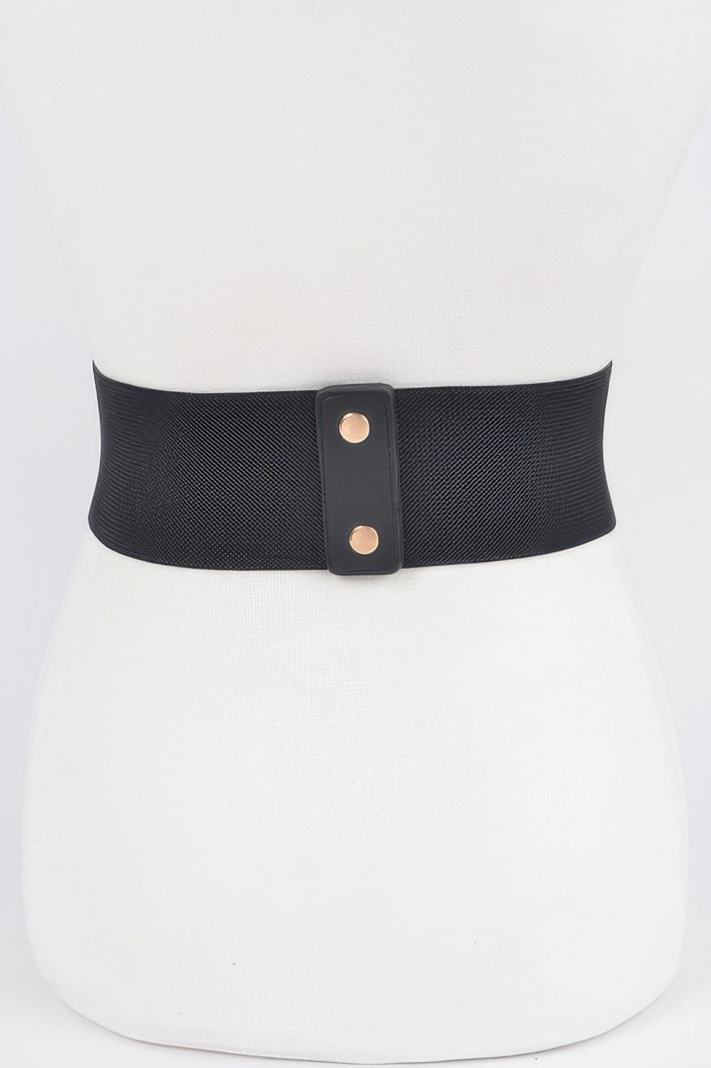 Black faux leather elastic belt with square keeper and two gold-toned rivets.