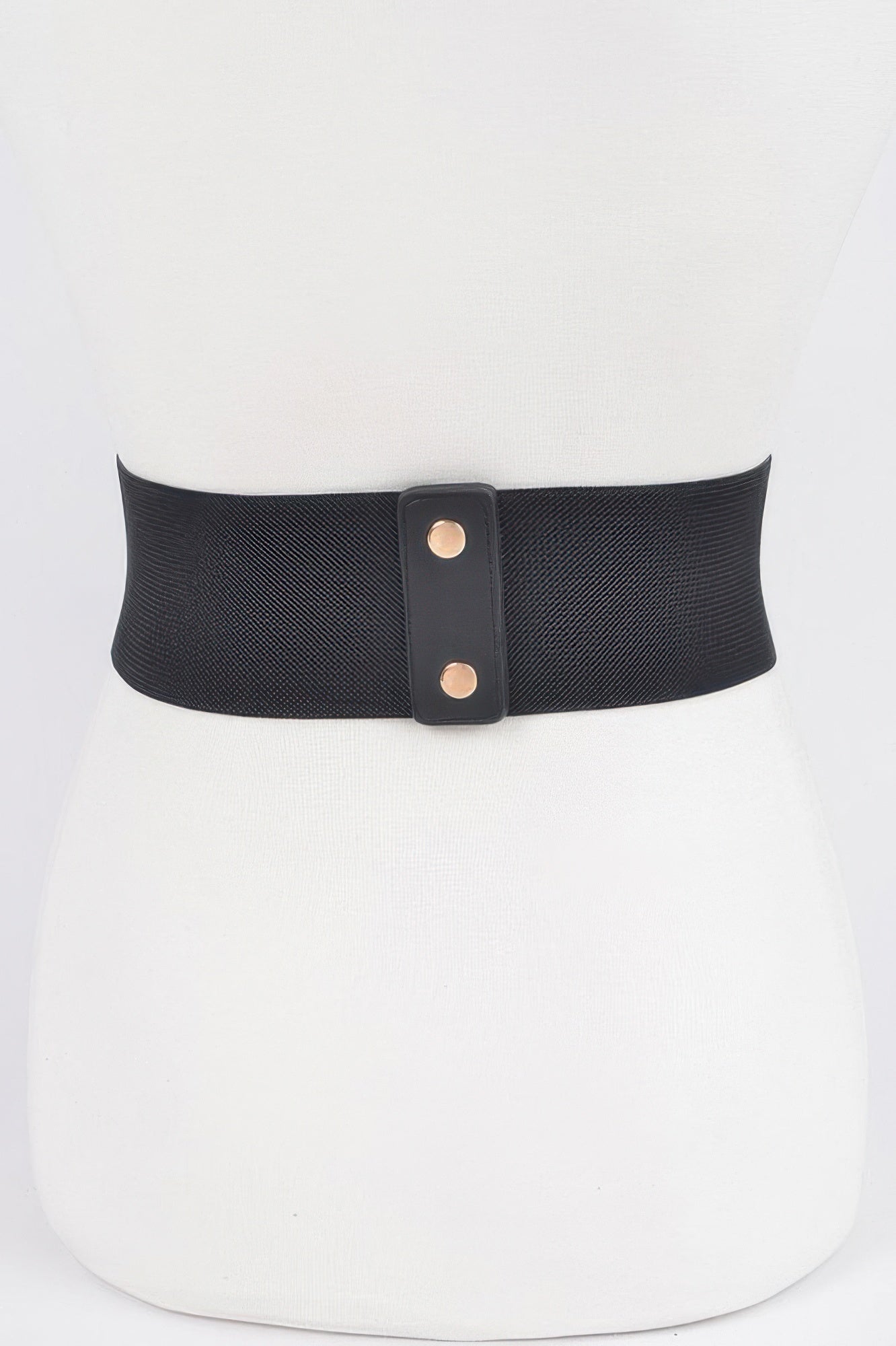 Black faux leather elastic belt with square keeper and two gold-toned rivets.