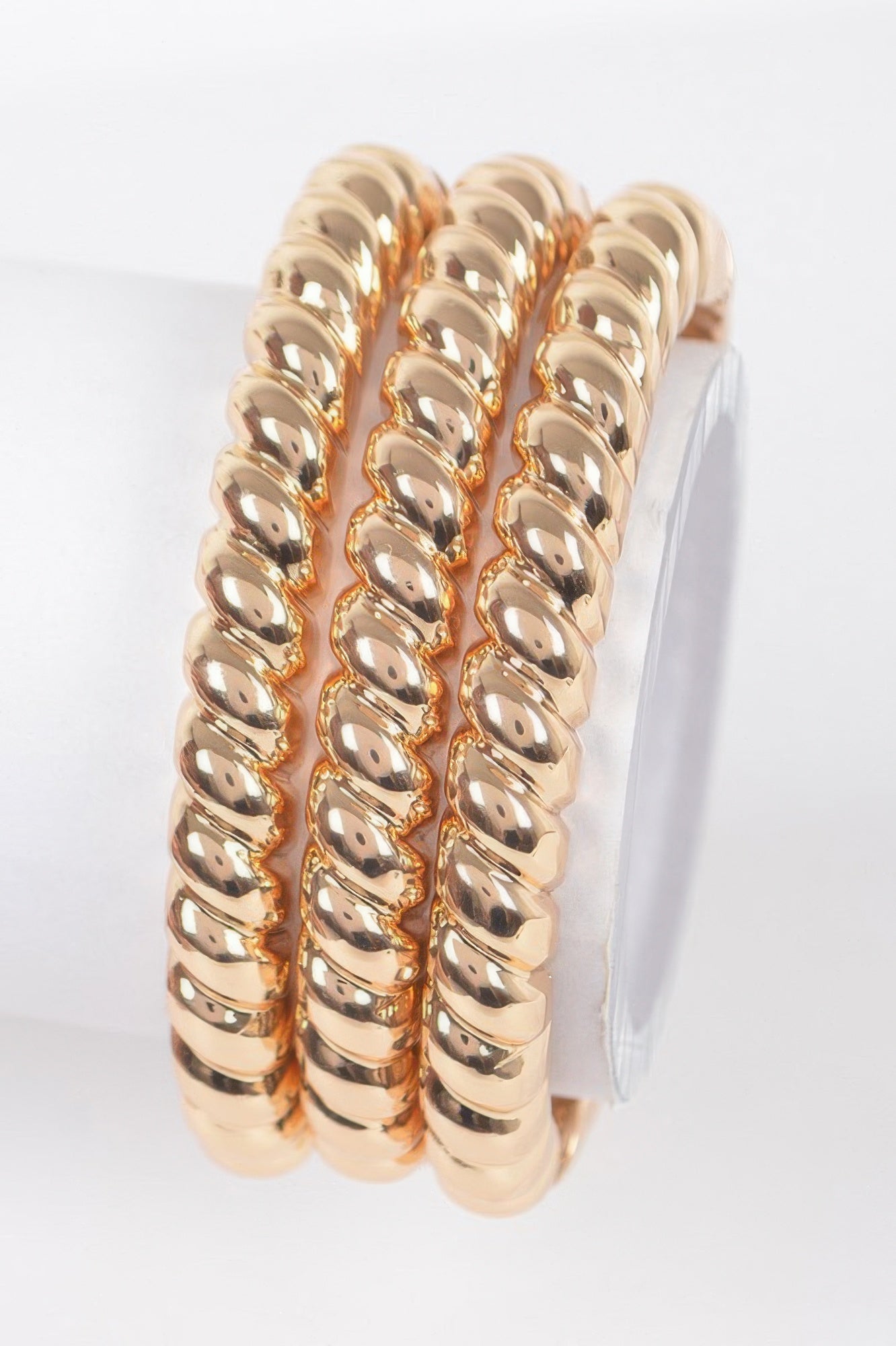 Three-piece metal bangle set, gold-tone cuff bangles with rounded link pattern