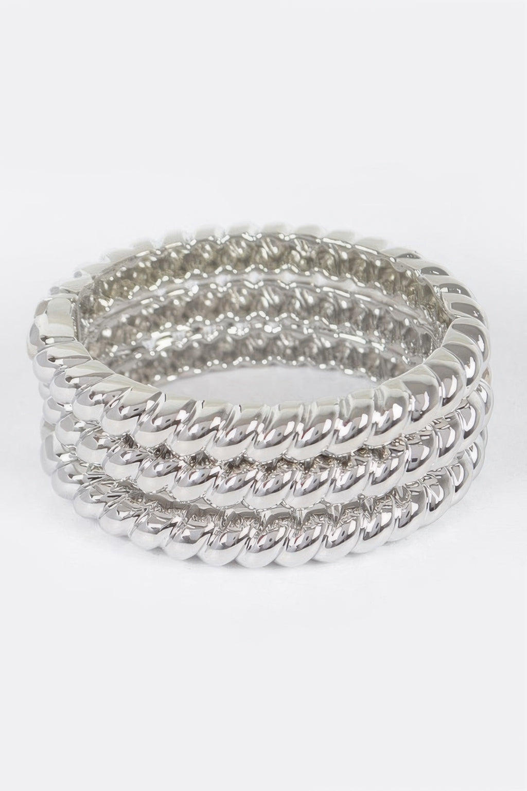 Three-piece metal bangle set, silver-tone cuff bangle with textured oval links