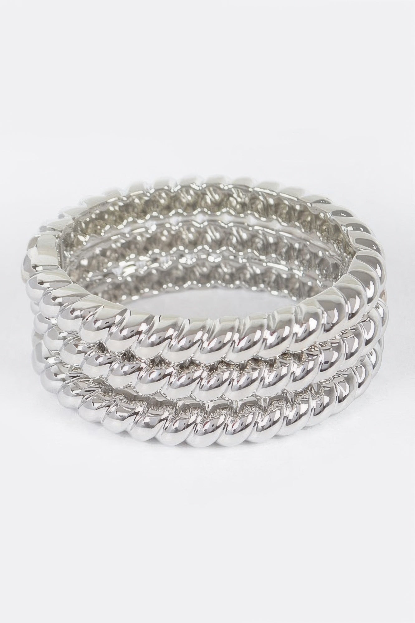 Three-piece metal bangle set, silver-tone cuff bangle with textured oval links