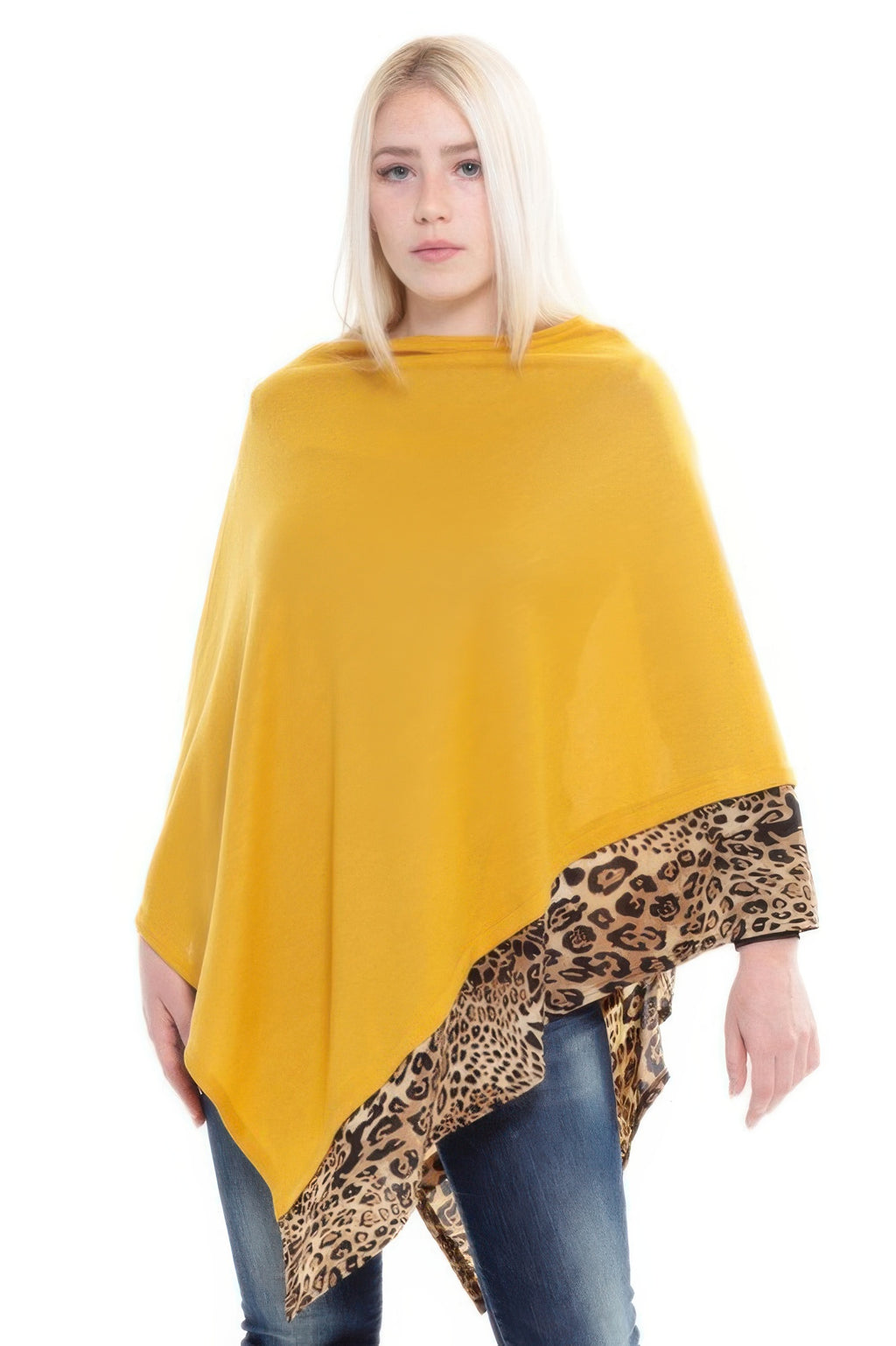 Mustard solid poncho with leopard-print trim at hem and corner panels