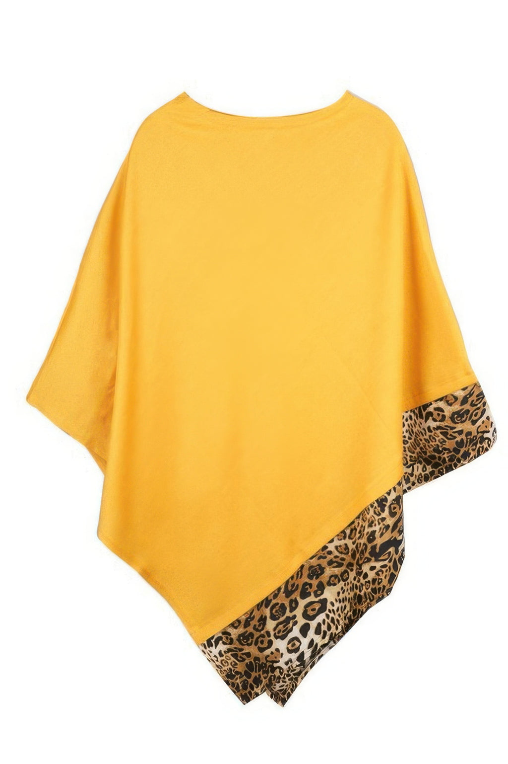 Mustard poncho featuring leopard-print cuff panels along the bottom edge