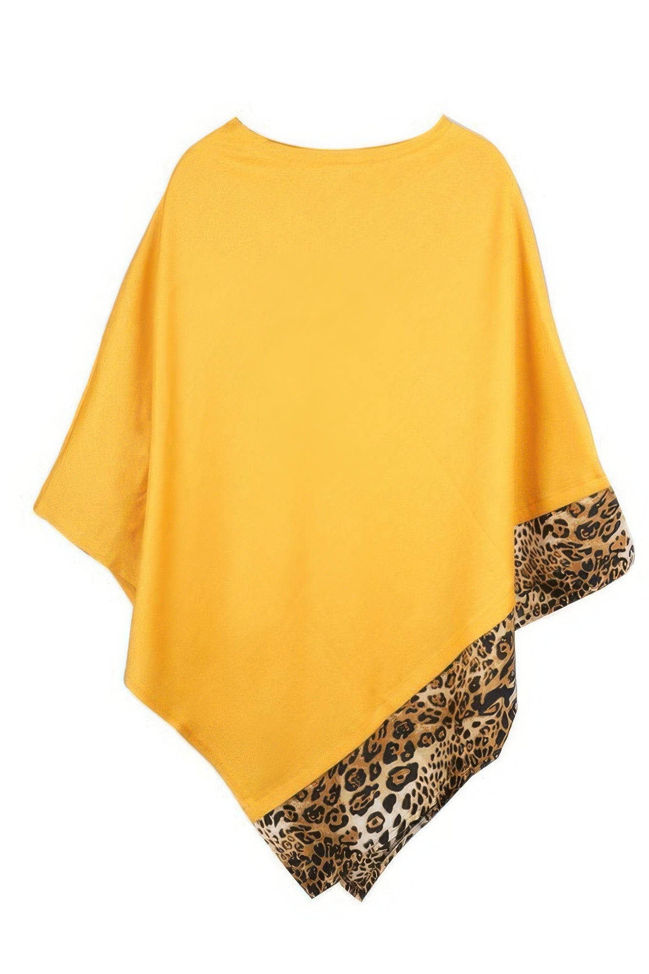 Mustard poncho featuring leopard-print cuff panels along the bottom edge