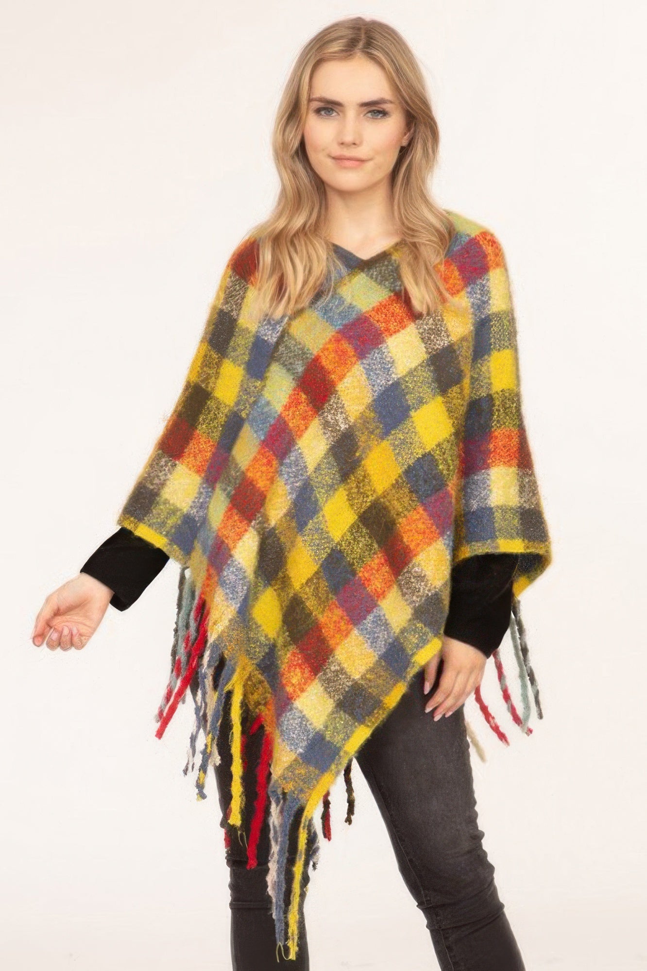 Color Block Plaid Poncho, navy yellow red check with fringed hem
