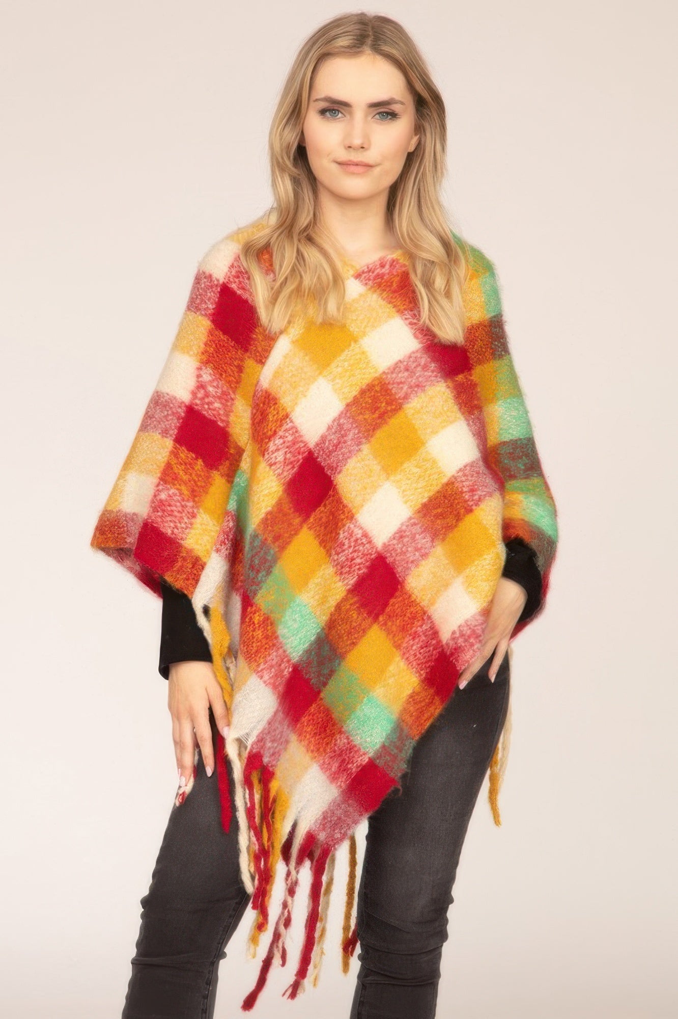 Color Block Plaid Poncho, red mustard green white check with tassel fringe