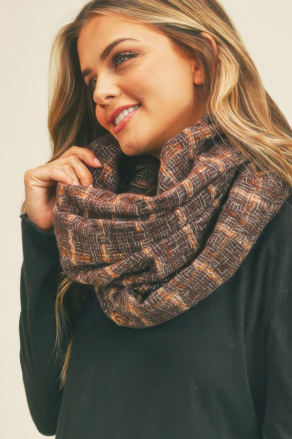 Brown plaid infinity scarf, cowl loop with woven grid pattern