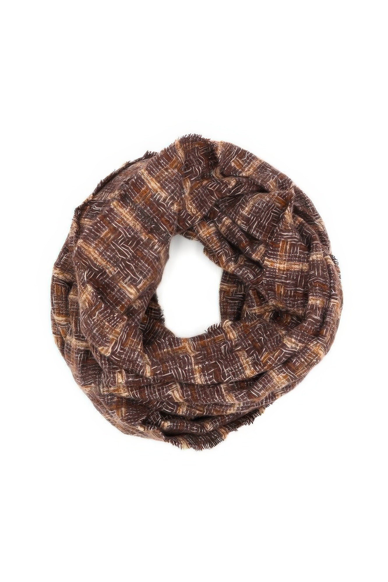 Brown plaid infinity scarf, circular loop with fringed edges