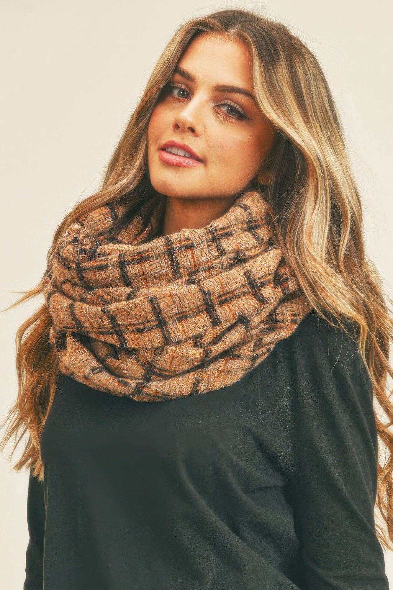 Taupe plaid infinity scarf, large cowl wrap with textured grid