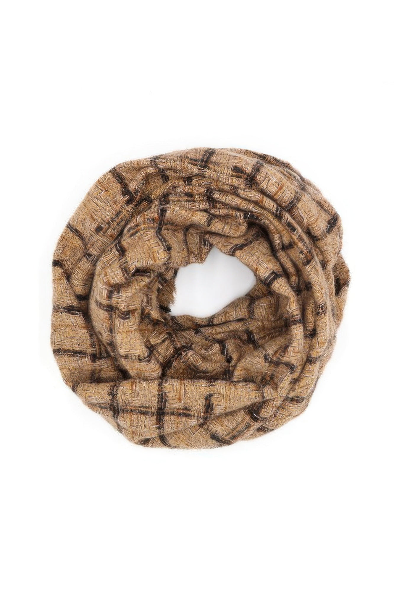Taupe plaid infinity scarf, circular loop with woven grid texture