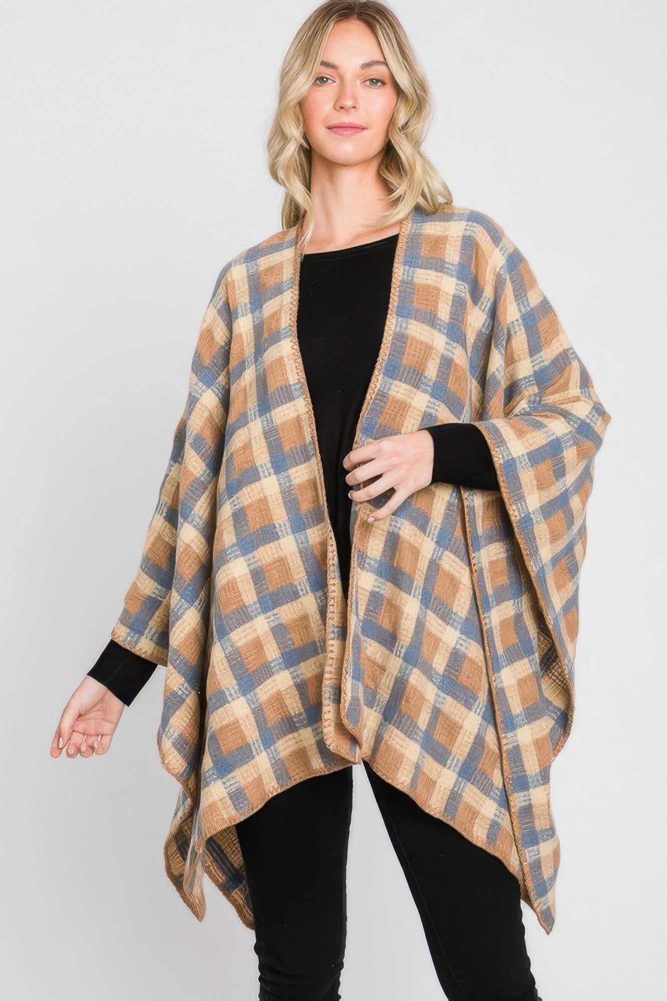 Plaid ruana with blue-and-taupe check pattern, open draped front