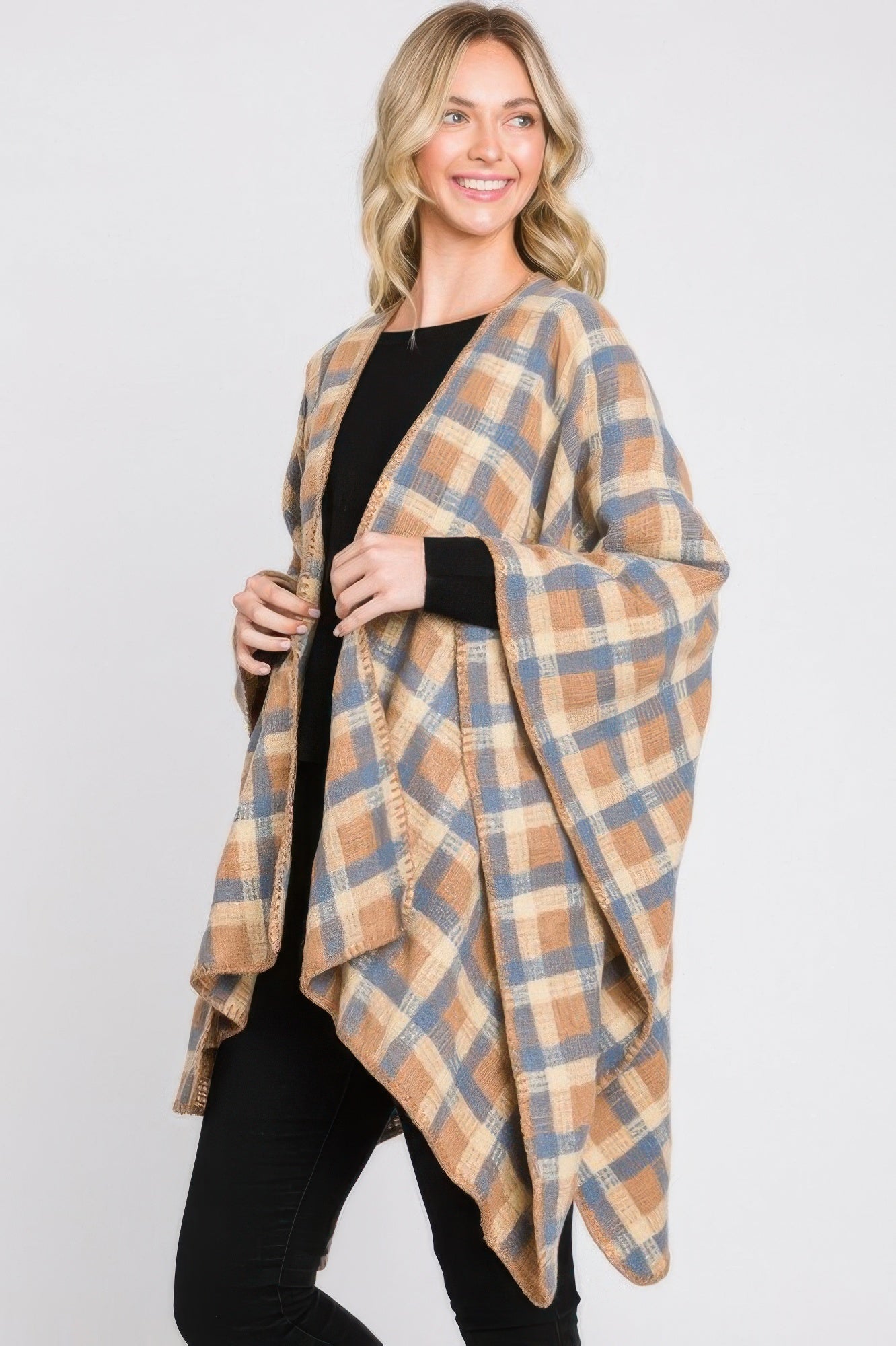 Plaid ruana with blue-and-taupe plaid, open front with long sleeves
