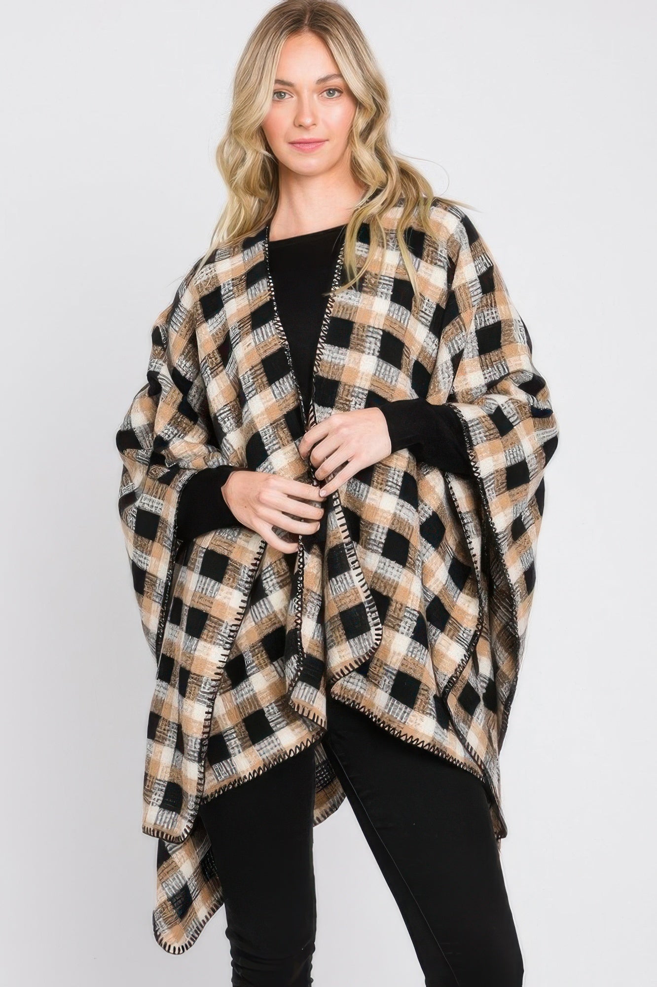 Plaid Pattern Ruana - Tigbul's Variety Fashion Shop