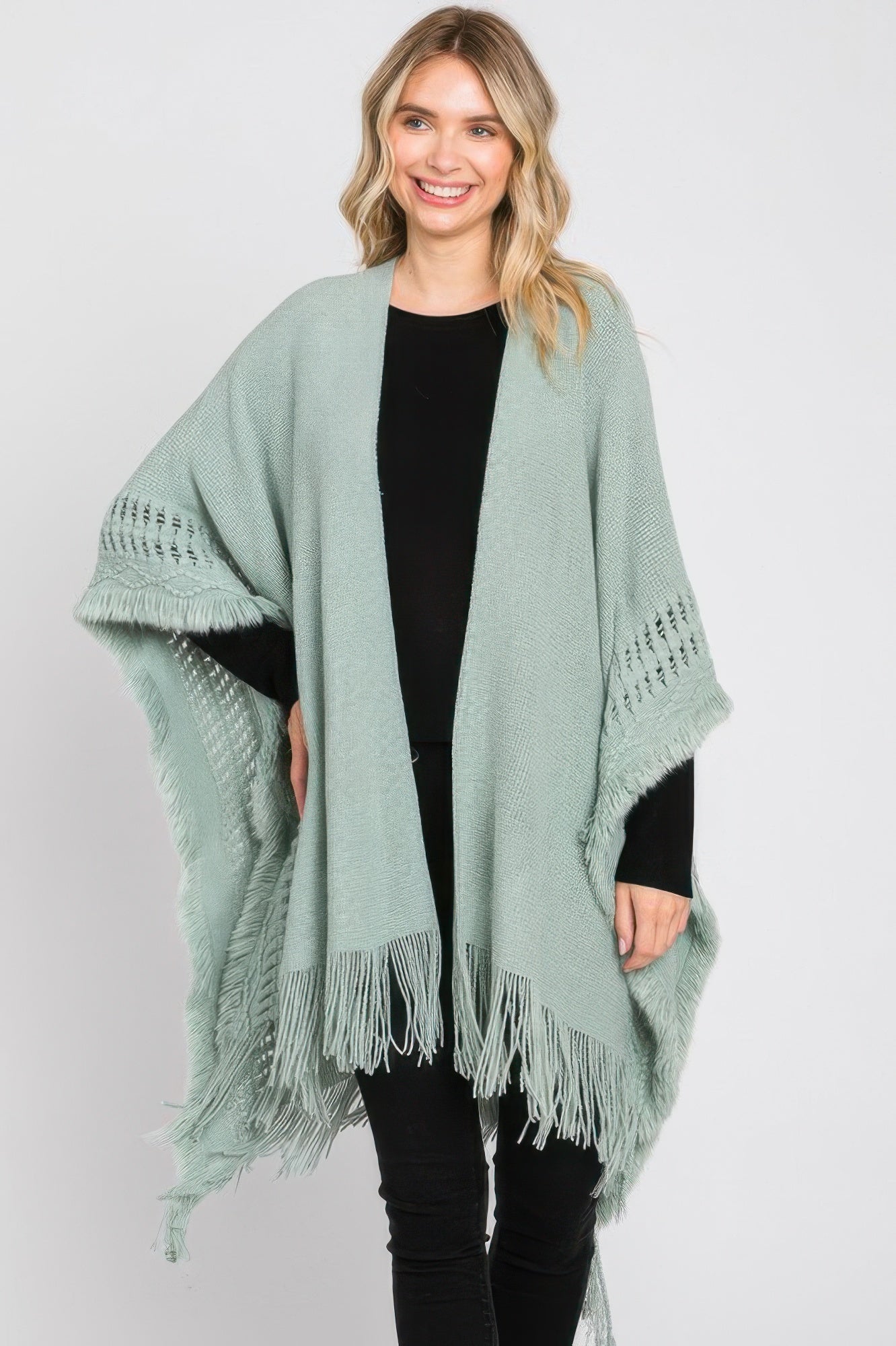 Knit Ruana With Fringe - Tigbul's Variety Fashion Shop