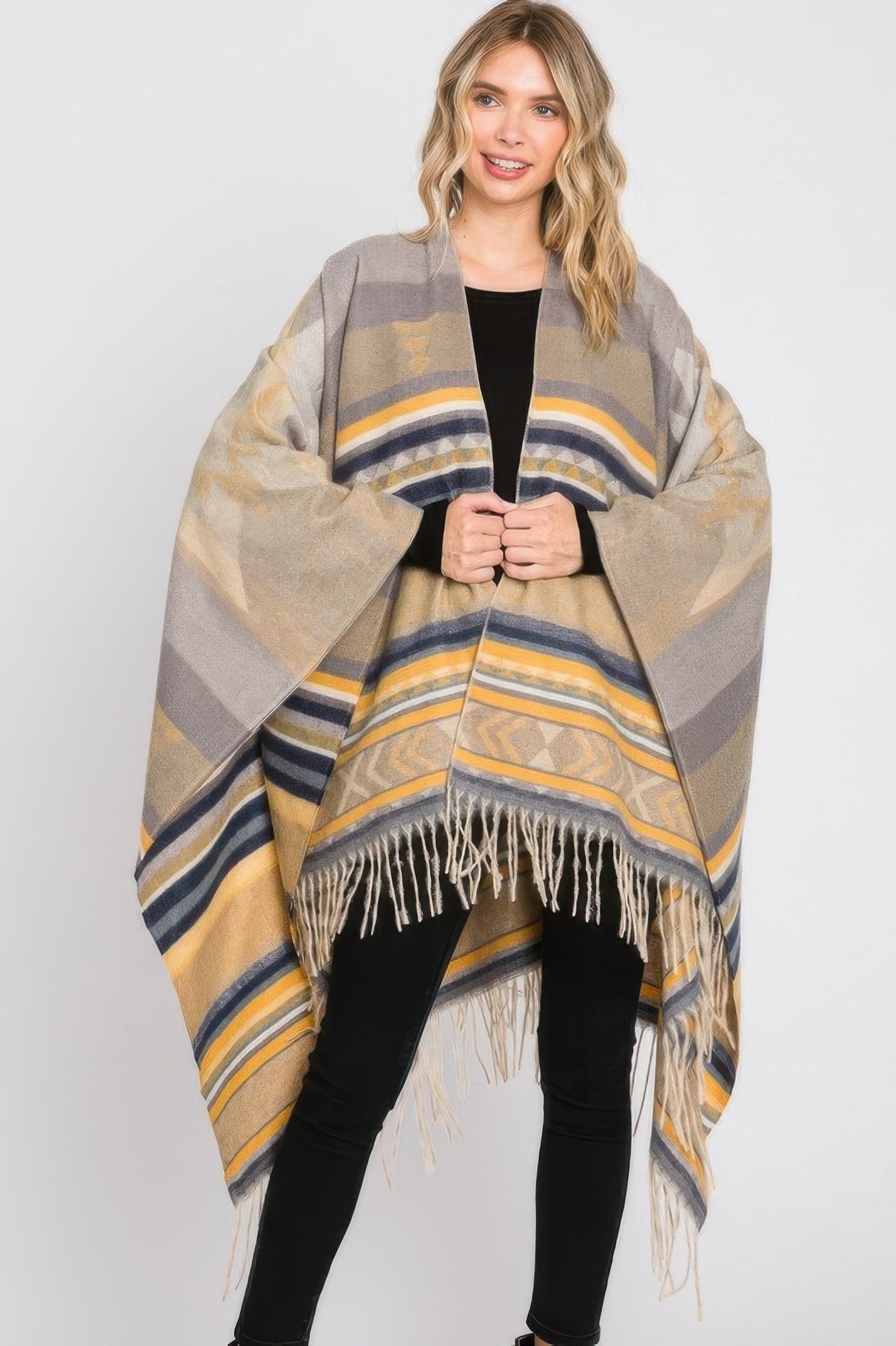 Aztec Pattern Fringe Ruana with yellow accents, striped poncho and long fringe