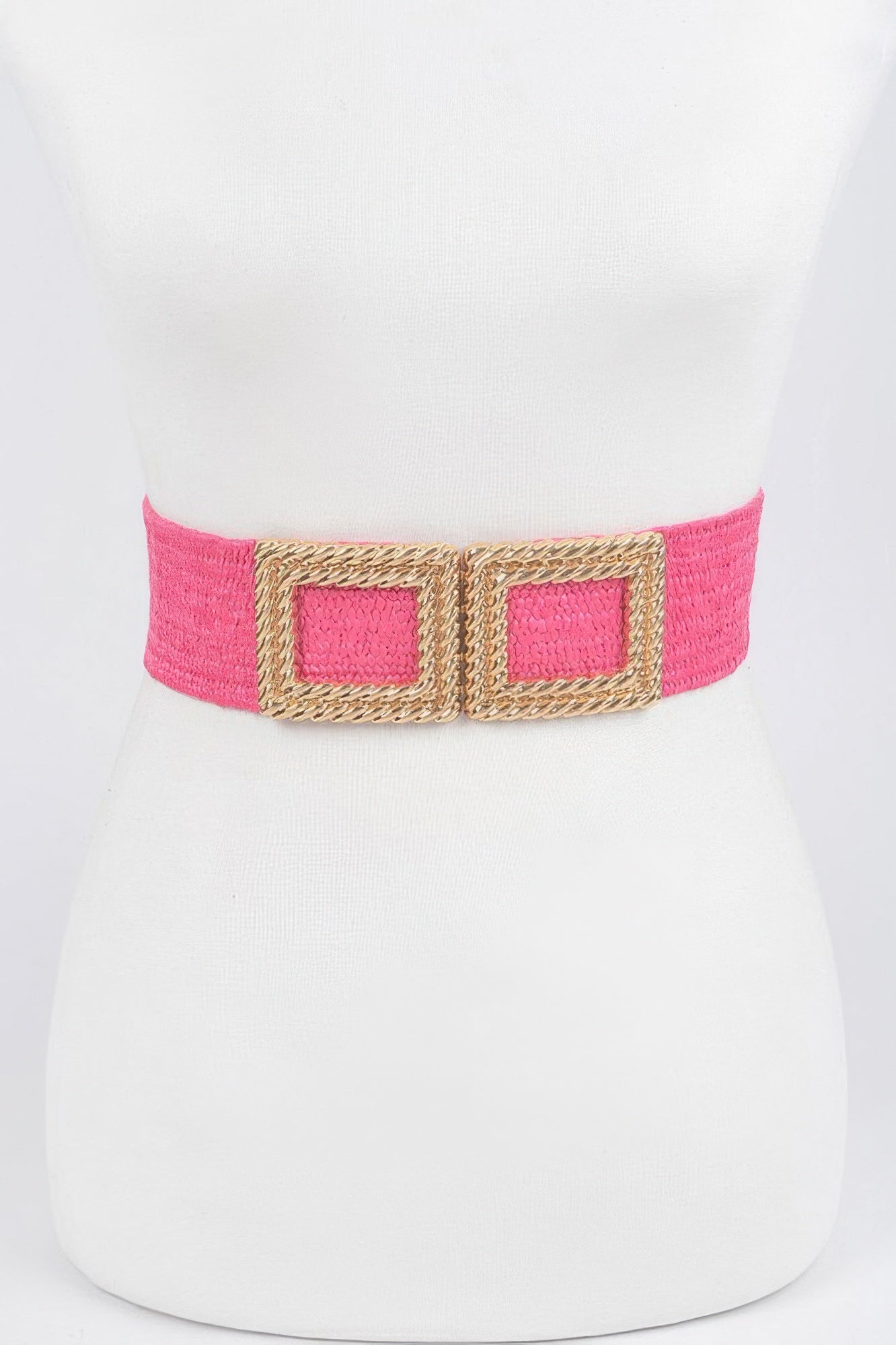 Big Metal Buckle Faux Straw Stretch Belt, Fuchsia with gold square buckle