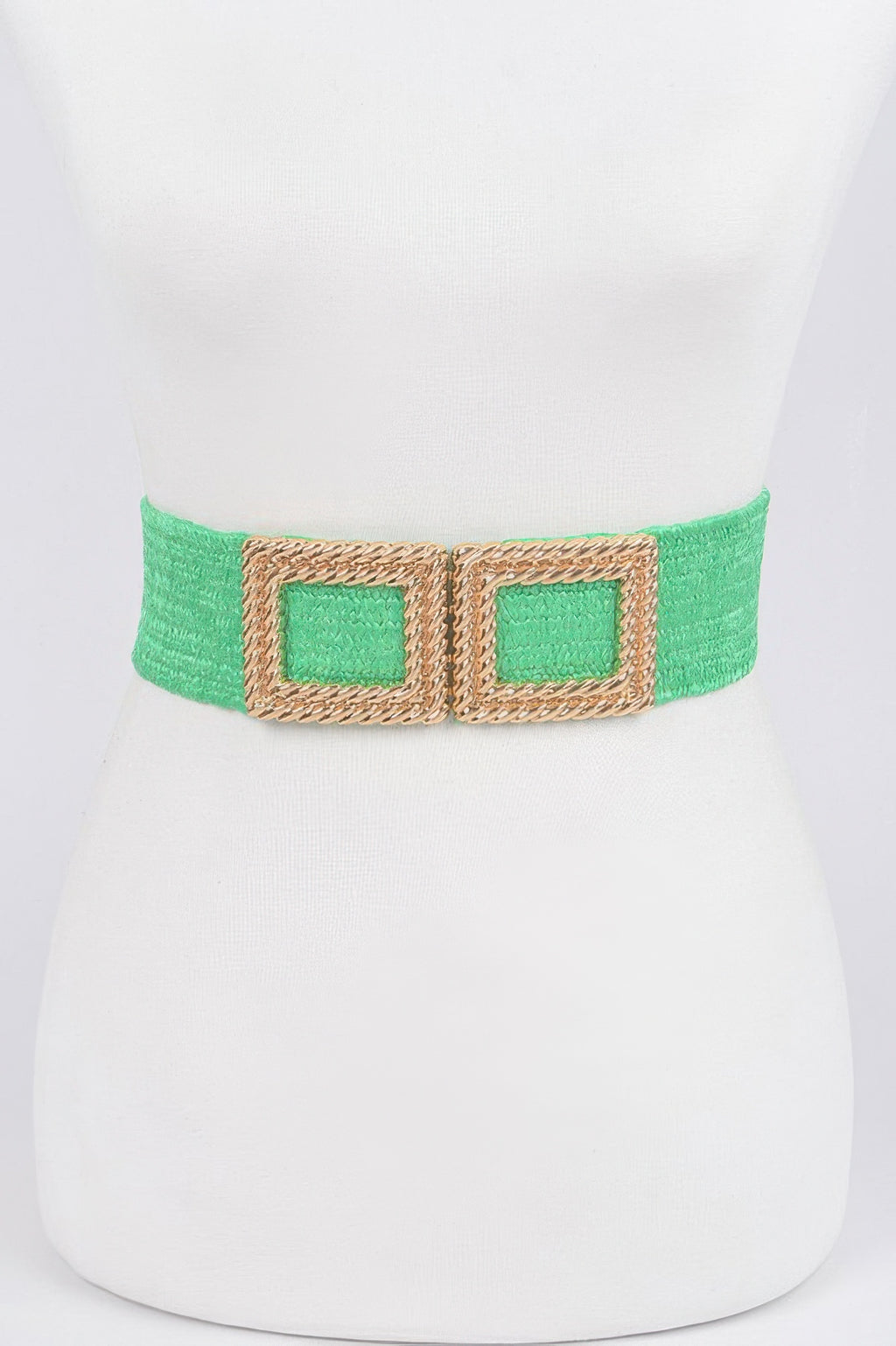 Faux straw stretch belt in green with oversized gold-look square buckle