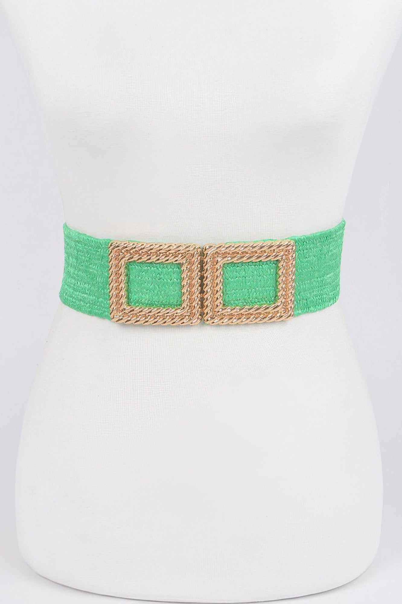 Faux straw stretch belt in green with oversized gold-look square buckle