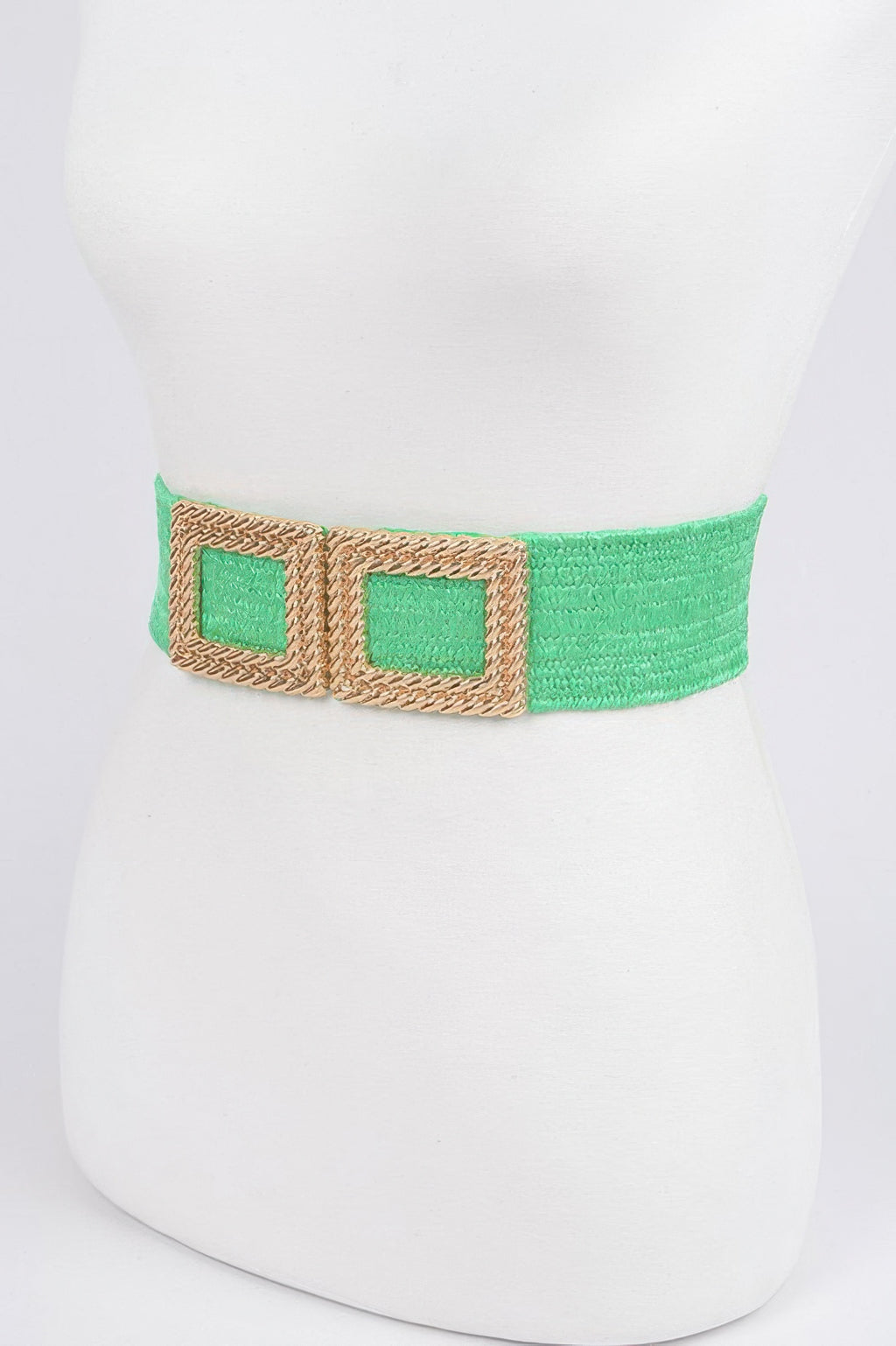 Green stretch belt with faux straw texture and large gold-look square buckle