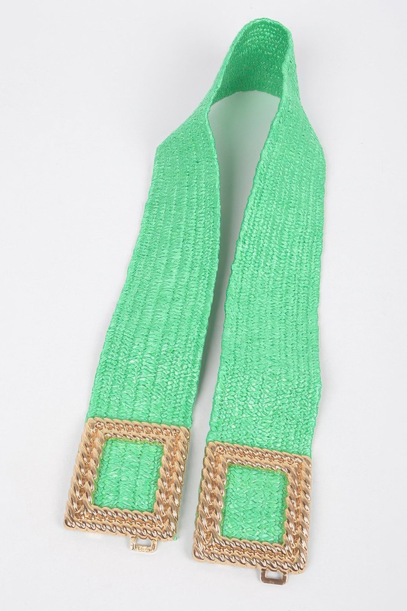 Green faux straw stretch belt straps with square gold-look buckle settings