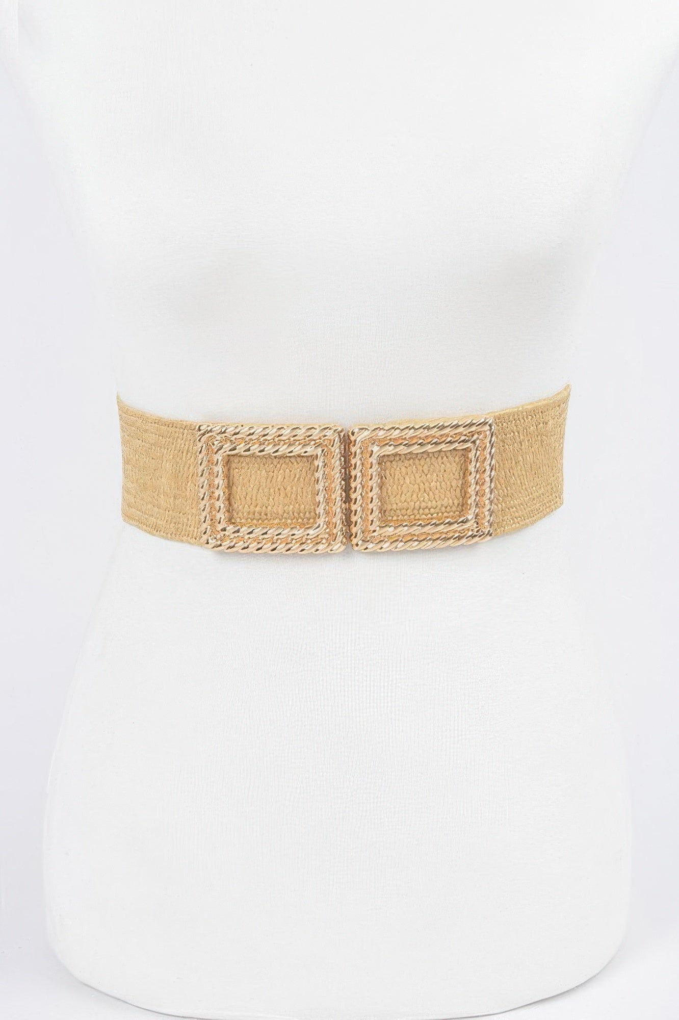 Faux straw stretch belt in khaki with large gold-look square buckle