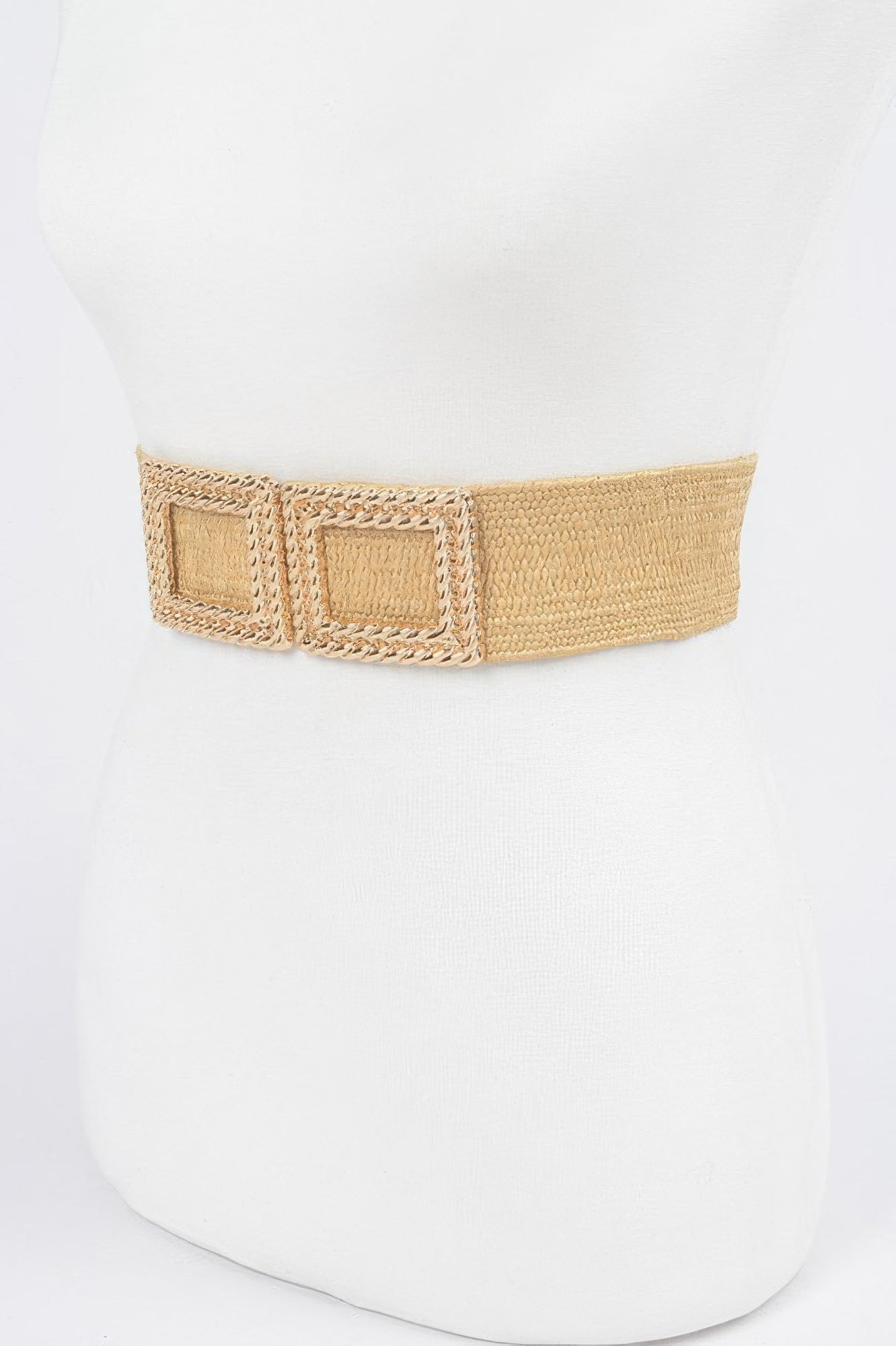 Khaki faux straw stretch belt with double square buckle detail in gold-look