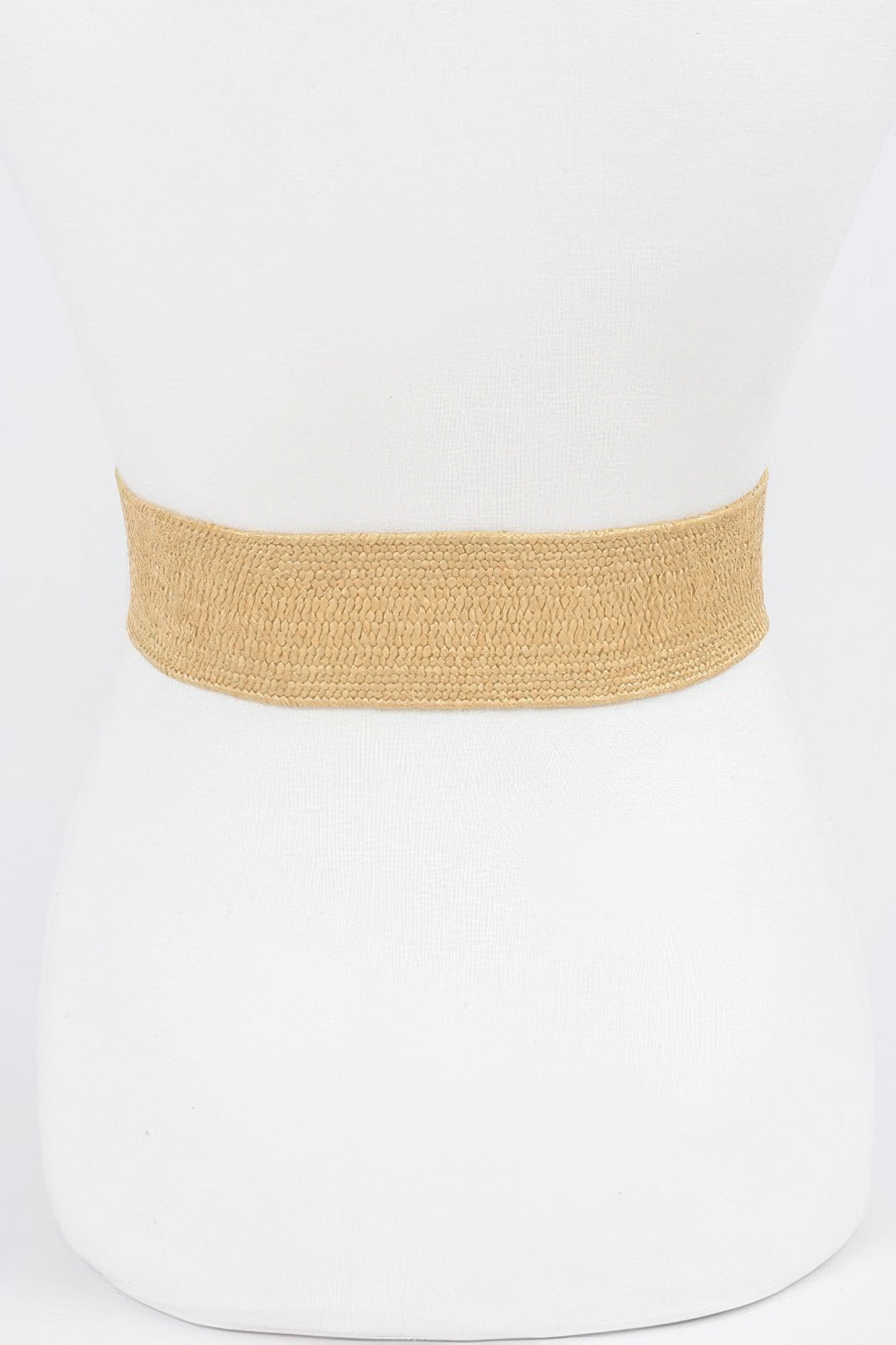 Khaki faux straw stretch belt band, wide woven texture