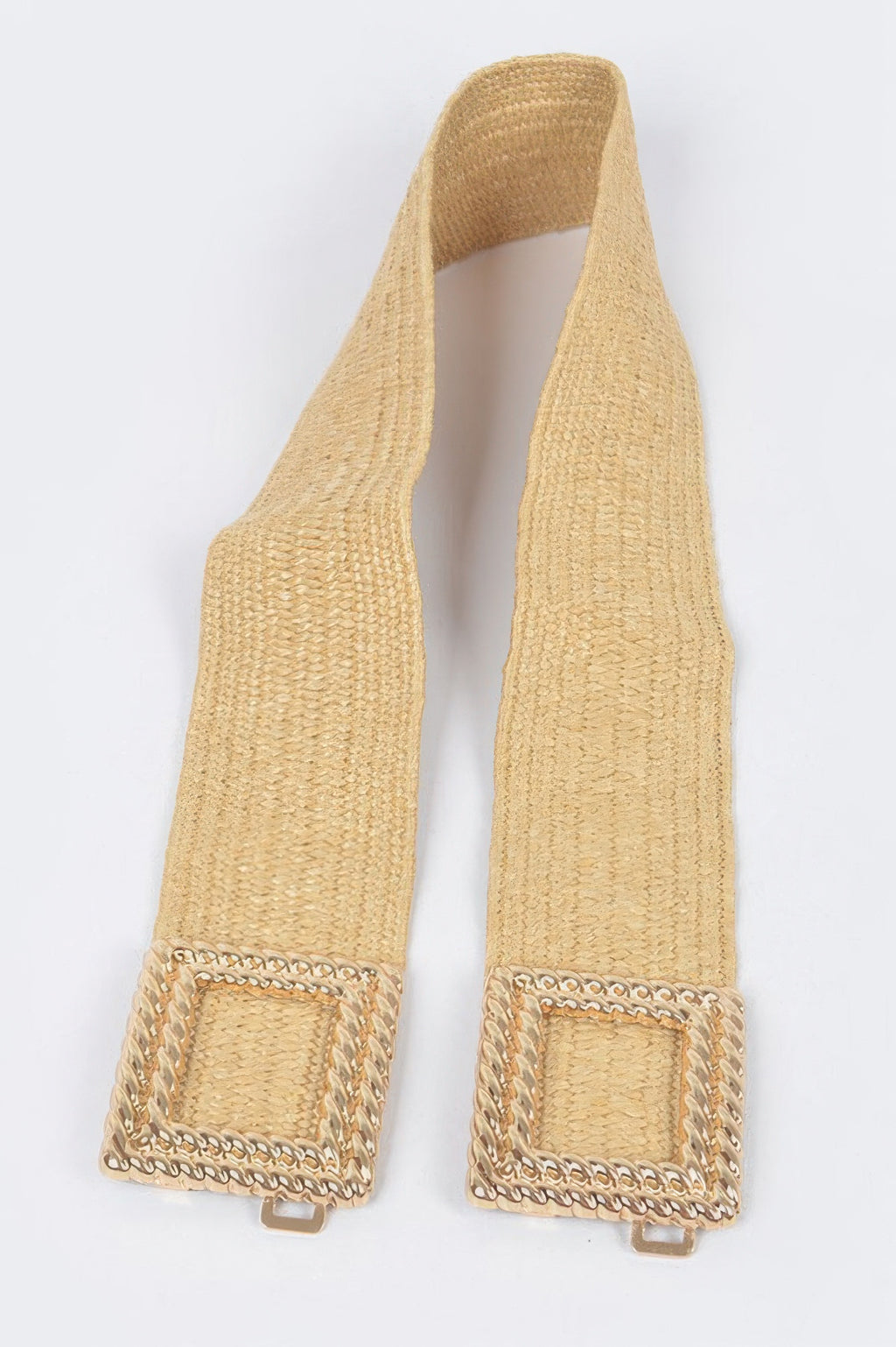 Khaki faux straw stretch belt straps with square gold-look buckle frames