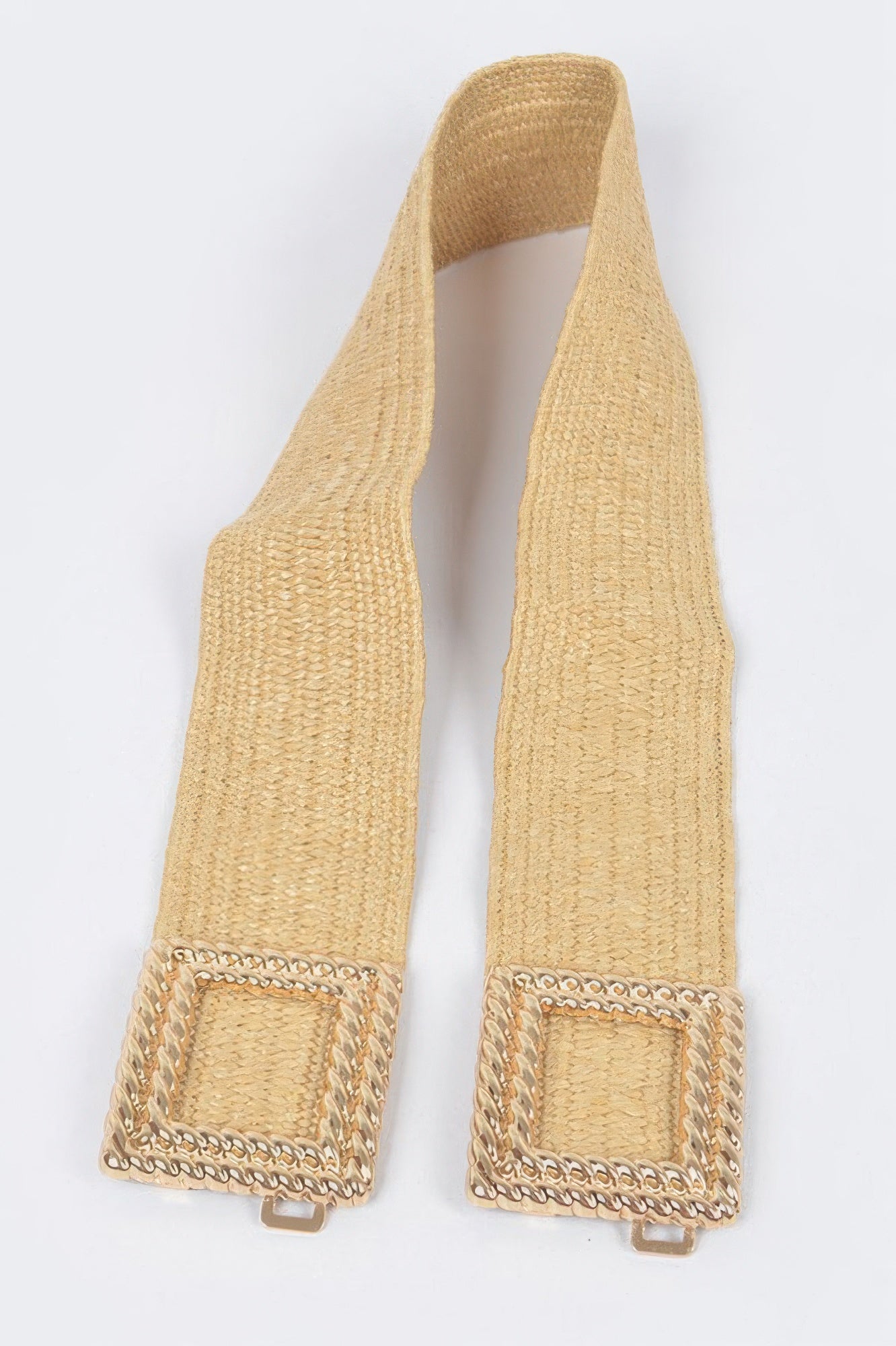 Khaki faux straw stretch belt straps with square gold-look buckle frames