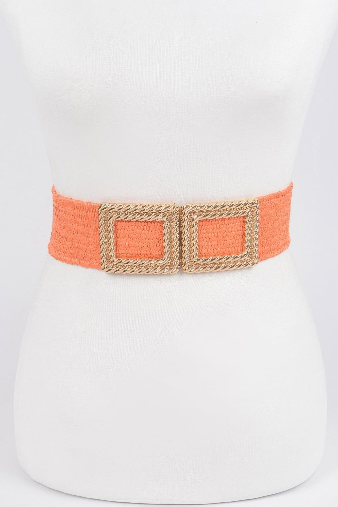 Big Metal Buckle faux straw stretch belt in orange with square silver buckle