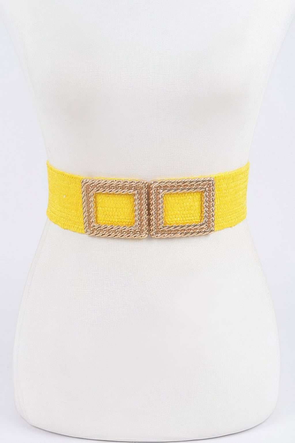 Big Metal Buckle faux straw stretch belt in yellow with square silver buckle