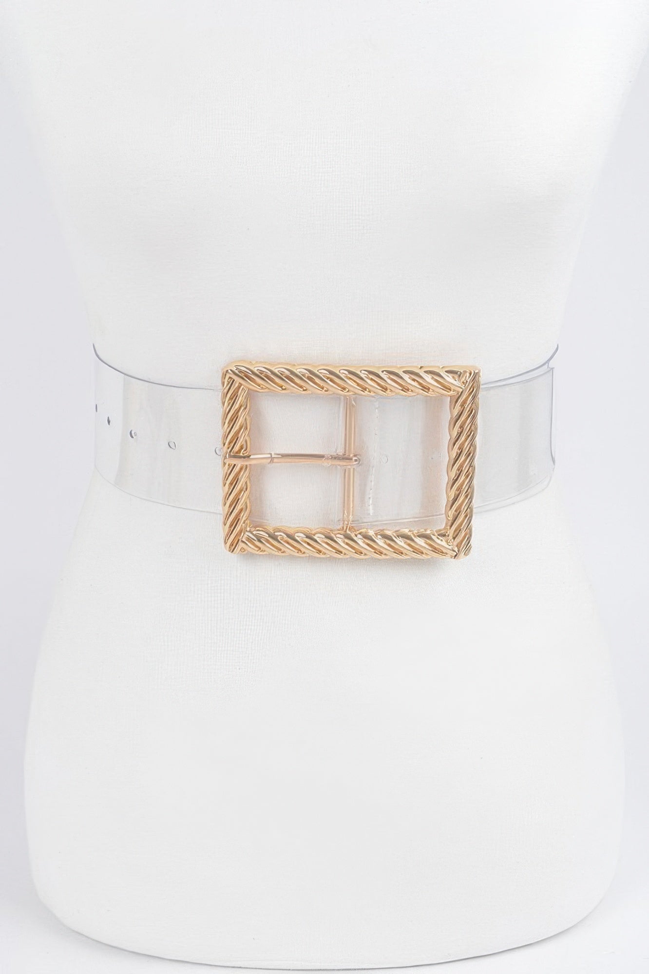 Transparent metal buckle belt with gold square buckle on clear strap