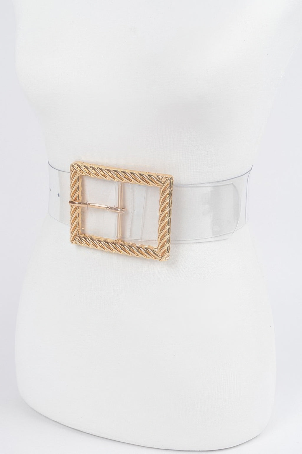Transparent belt with gold square buckle detail, metal bar across the center