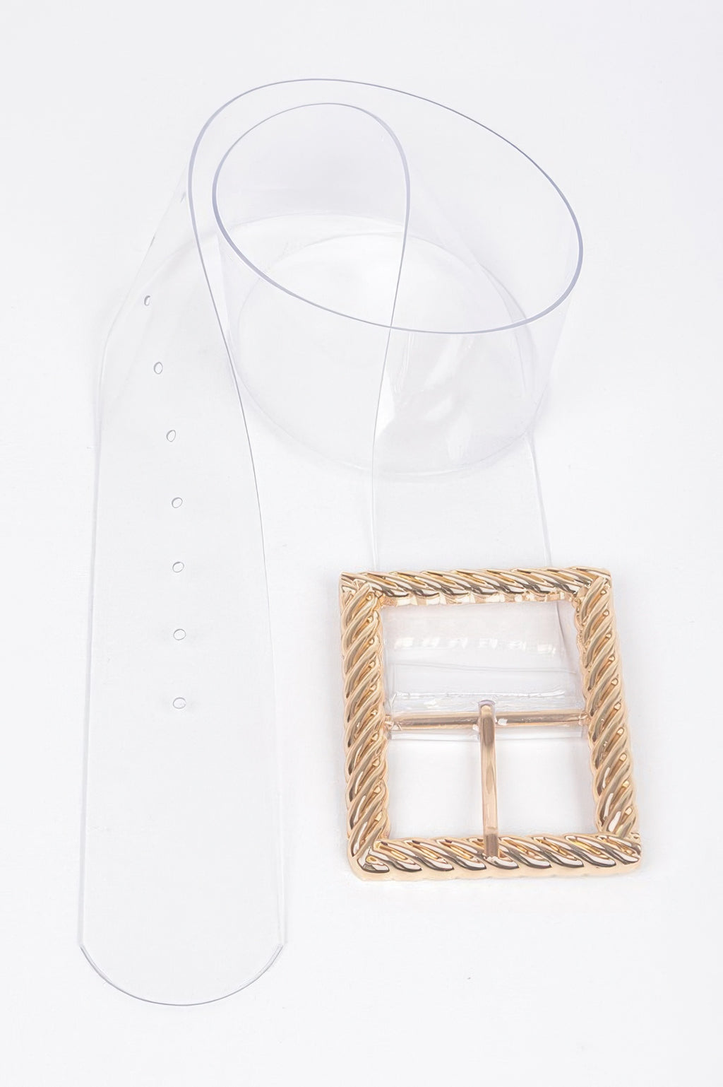 Transparent belt with gold square buckle and twisted metal frame
