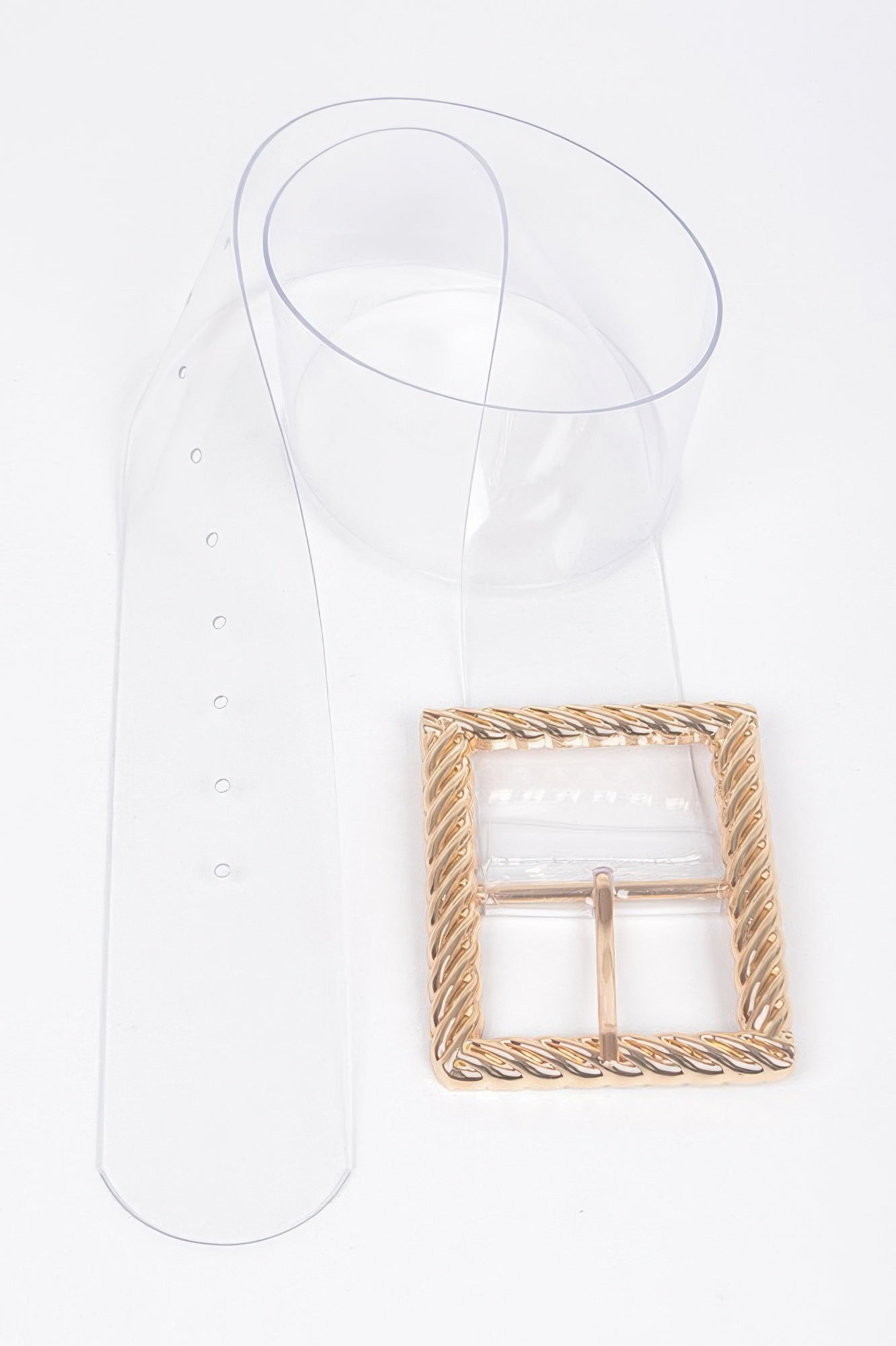 Transparent belt with gold square buckle and twisted metal frame