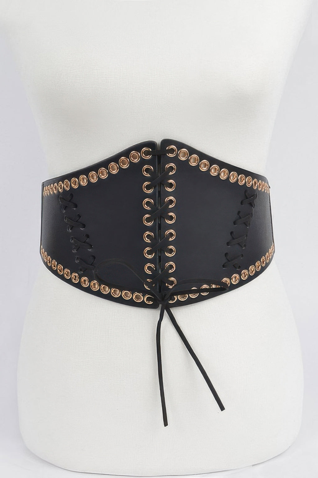 Schwarzer Stretch-Corsettgürtel mit Mittel-Schnürung und goldfarbenen Ösen, Zierband
