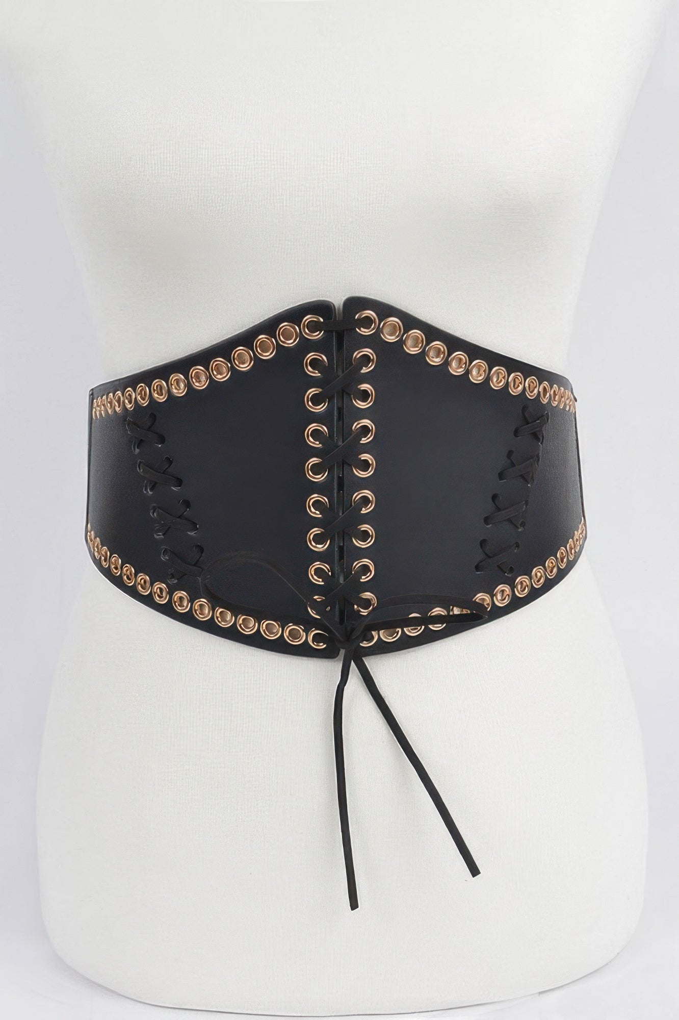 Schwarzer Stretch-Corsettgürtel mit Mittel-Schnürung und goldfarbenen Ösen, Zierband